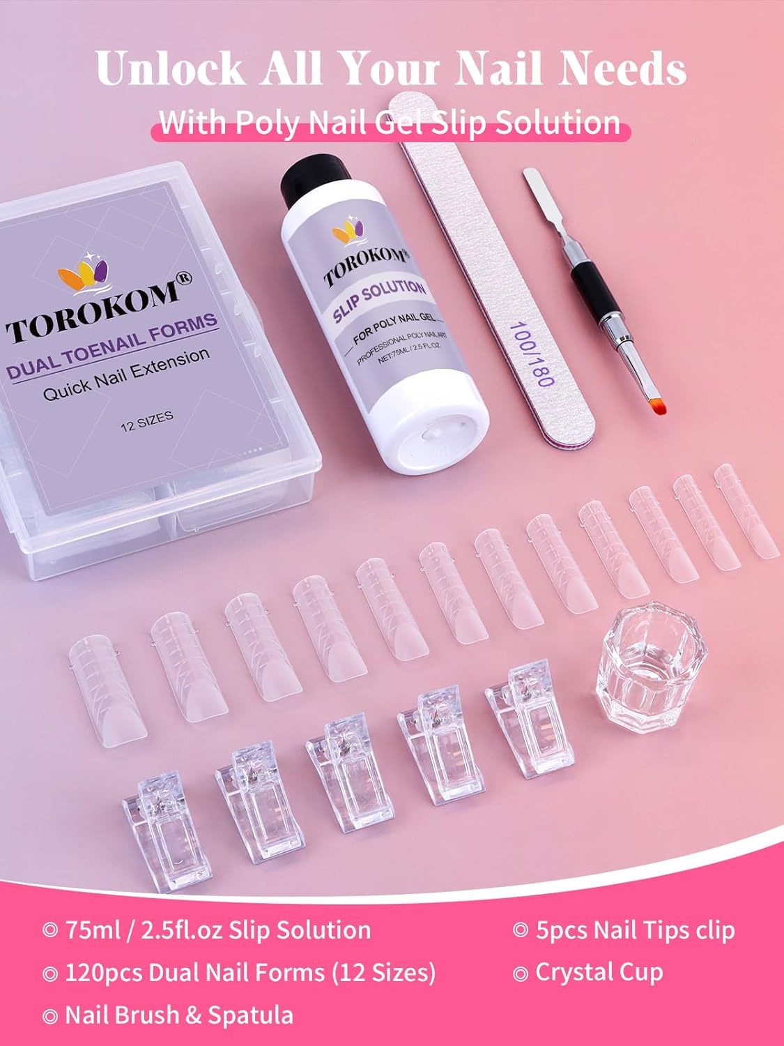 TOROKOM Poly Gel Nail Forms Kit for Toes - 120PCS Reusable Dual Toenail Forms for Builder Gel, Toe Nail Kit with 2.5oz Slip Solution, Brush, File, 5PCS Clips - 12 Sizes
