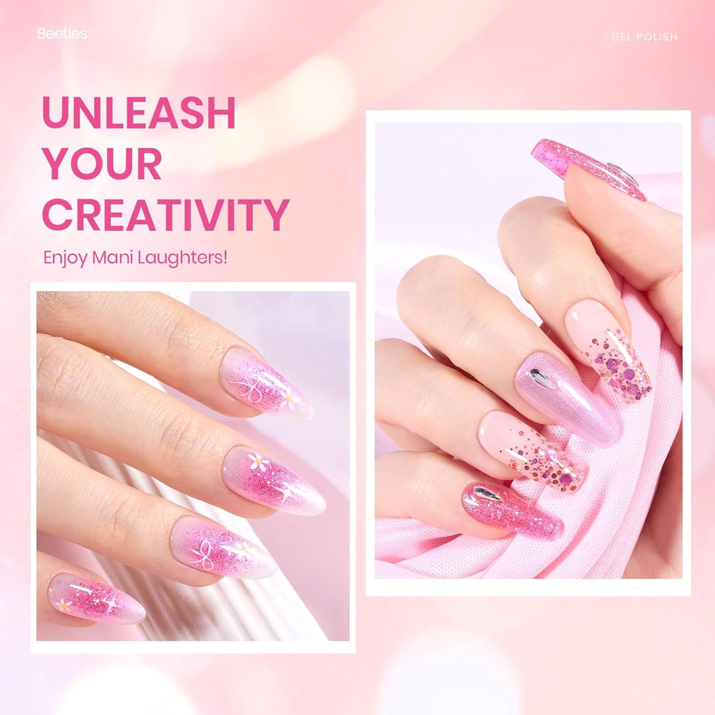 Beetles Pink Gel Nail Polish Set - 6 Colors Shimmer Nail Polish Nail Kit Hot Pink Pearl White Glitter Color Gel Pink Reverie Collection Soak Off Uv LED Nail Lamp Gift for Women & Girls