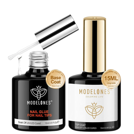 modelones Gel Nail Glue 9 in One Base Gel and No Wipe Top Coat Set 2Pcs for Gel Nail Polish Adhesive Nail Extension Gel Rhinestone Glue Nail Art LED Need 15ml