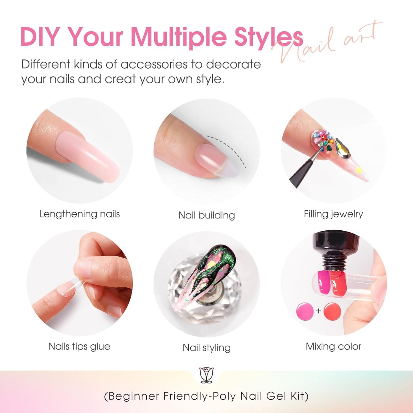 ROSALIND Poly Nail Gel Kit -16 Colors + Nude Glitter Nail Art Accessories kit Clear Nude Poly Nails Gel Kit Starter Kit With Slip Solution Nude Pink Nail Extensions Gel Set with Mini UV Lamp