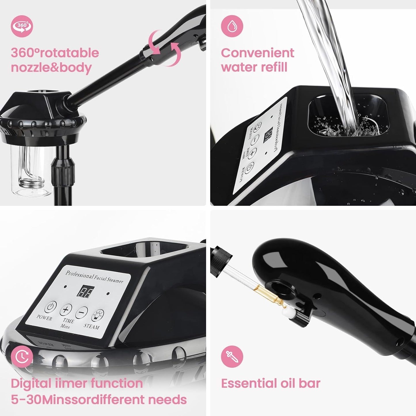 Professional Facial Steamer, Facial Steamer on Wheels with More Steam, Adjustable Height and Angle, Face Steamer for Deep Cleansing and Hydration, Estheticians Steamer for Beauty, Spa and Home Use