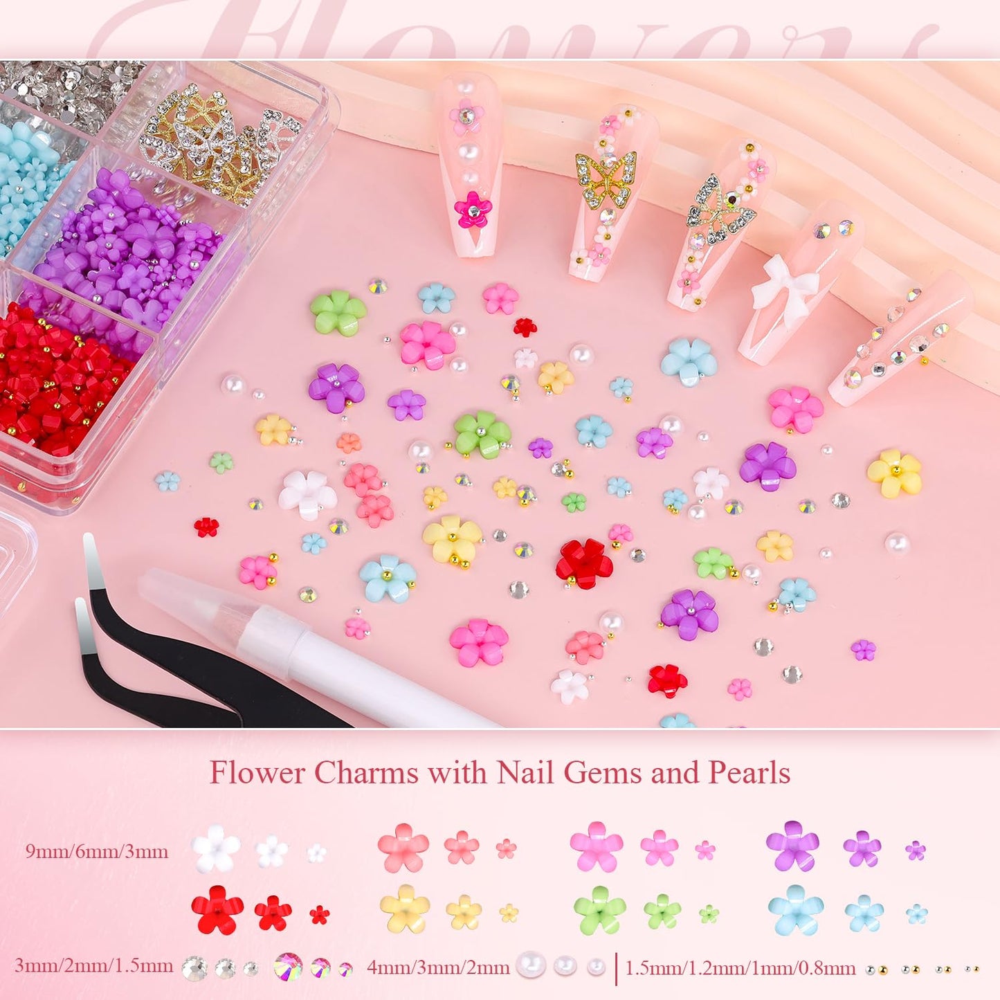 3D Nail Charms and Gems Set 12 with Rhinestone Glue, 10PCS Gold and Silver Chunky Butterfly Nail Charms, 3D Flowers for Nails, Flatback Crystals and Pearls + Picker Tool for Y2K Nail Decor