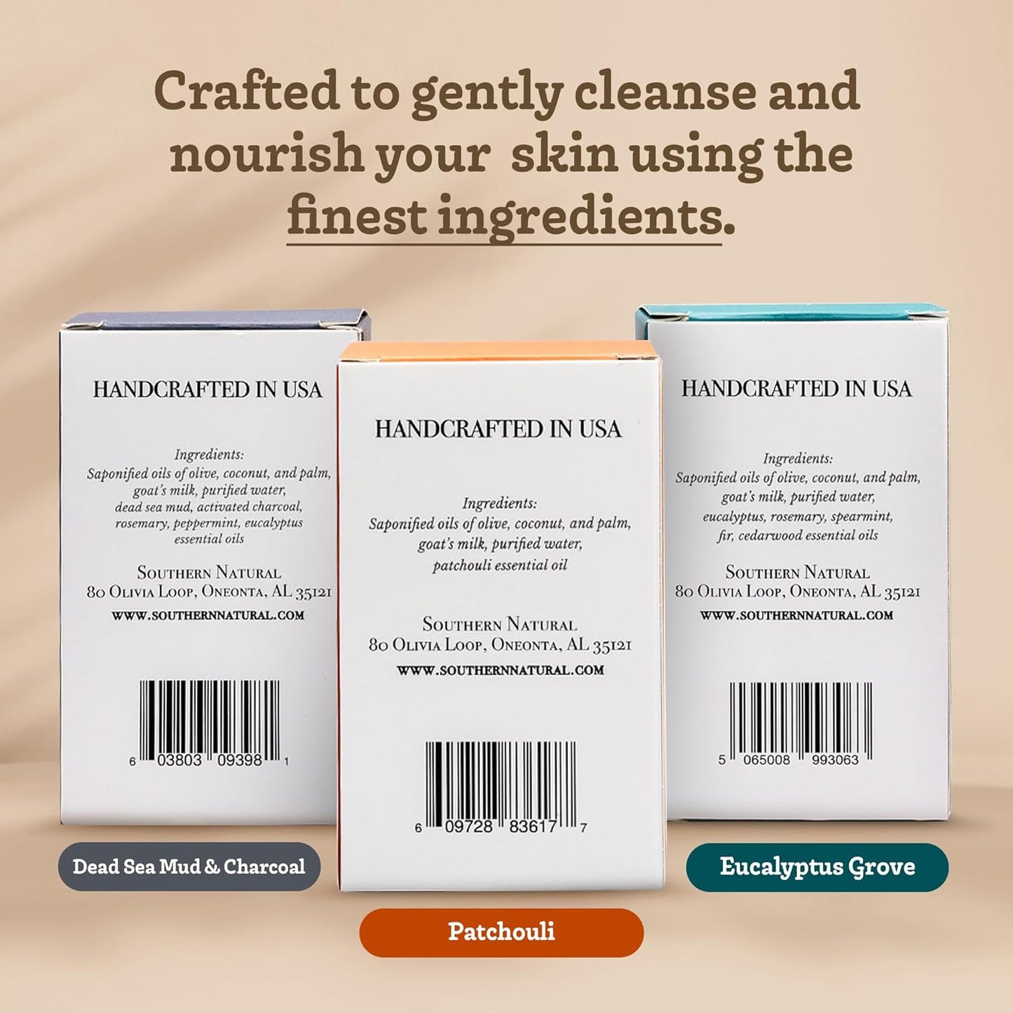 Southern Natural Goat Milk Soap Bar (Variety 3 Pack) Dead Sea Mud & Charcoal, Patchouli, Eucalyptus Grove - For Dry Sensitive Skin. Great For Face and Body.(Each Bar 4-4.5 oz)