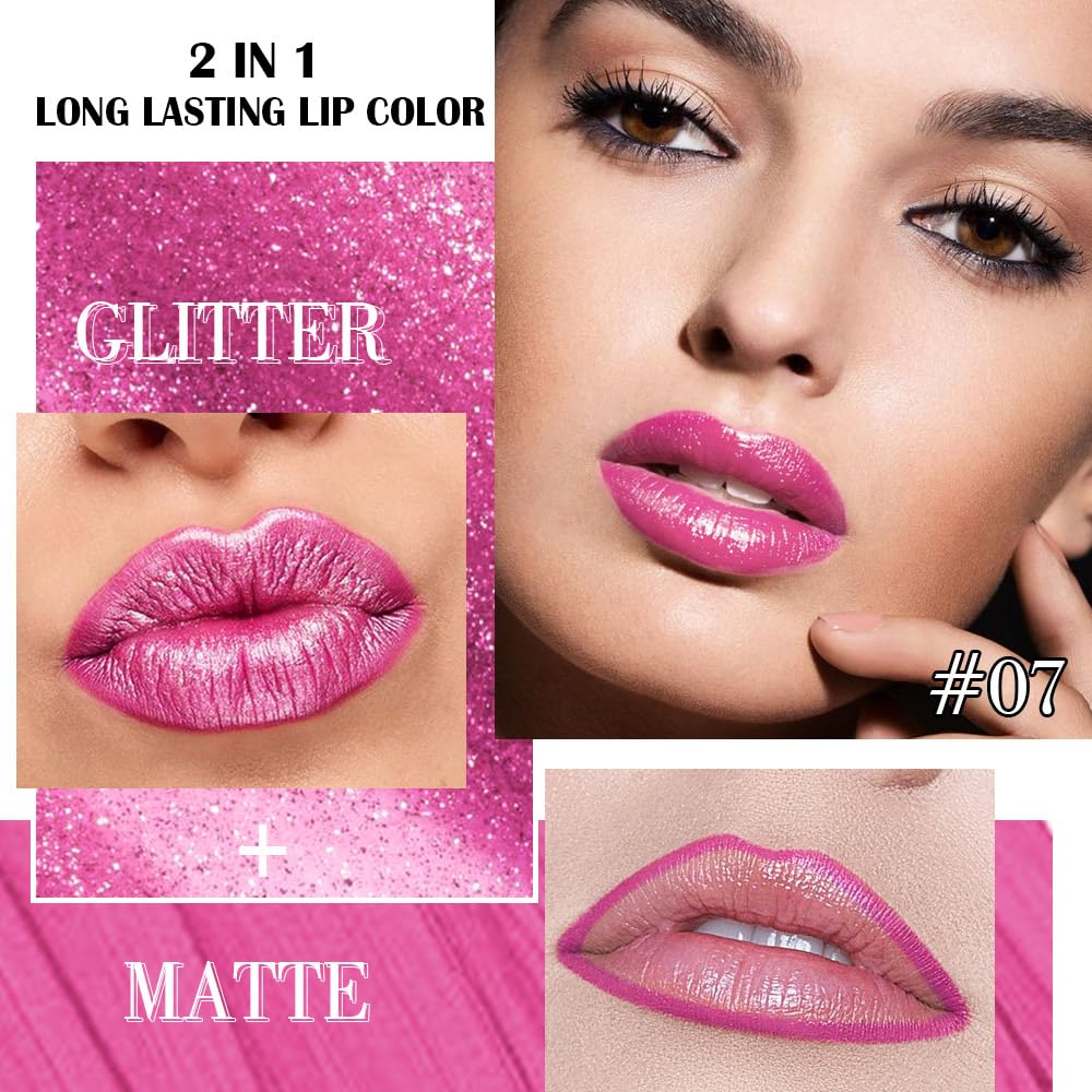 evpct Hot Pink Metallic Glitter Lip Liner and Lipstick Combo Lip Gloss Stain Set Makeup for Women Long Lasting Waterproof 24, Rose Pink Frosted Metallic Shimmer Glossy iridescent Liquid Lipstick 07