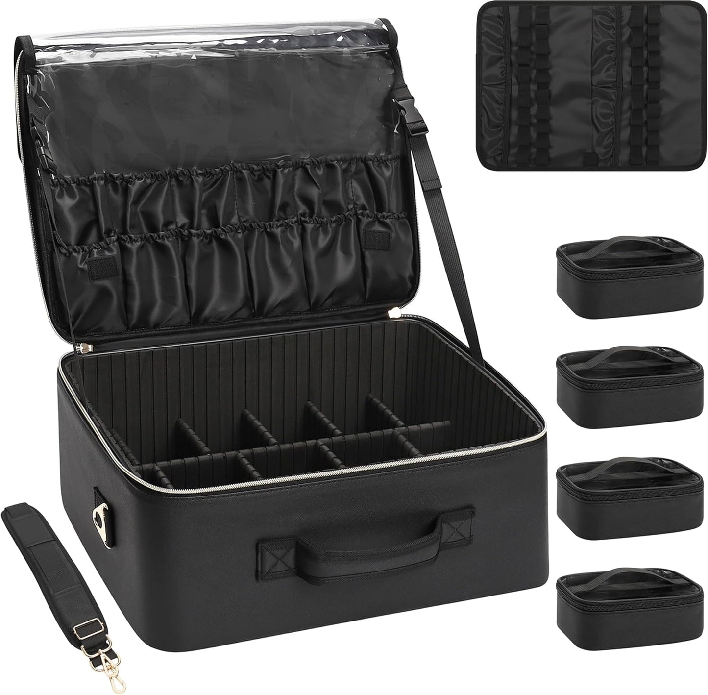 Relavel Extra Large Makeup Case Professional Cosmetic Storage Organizer Box Brush Holder with 4 Clear Set Bags for Makeup Artists with Shoulder Strap & Adjustable Dividers, Leather Black