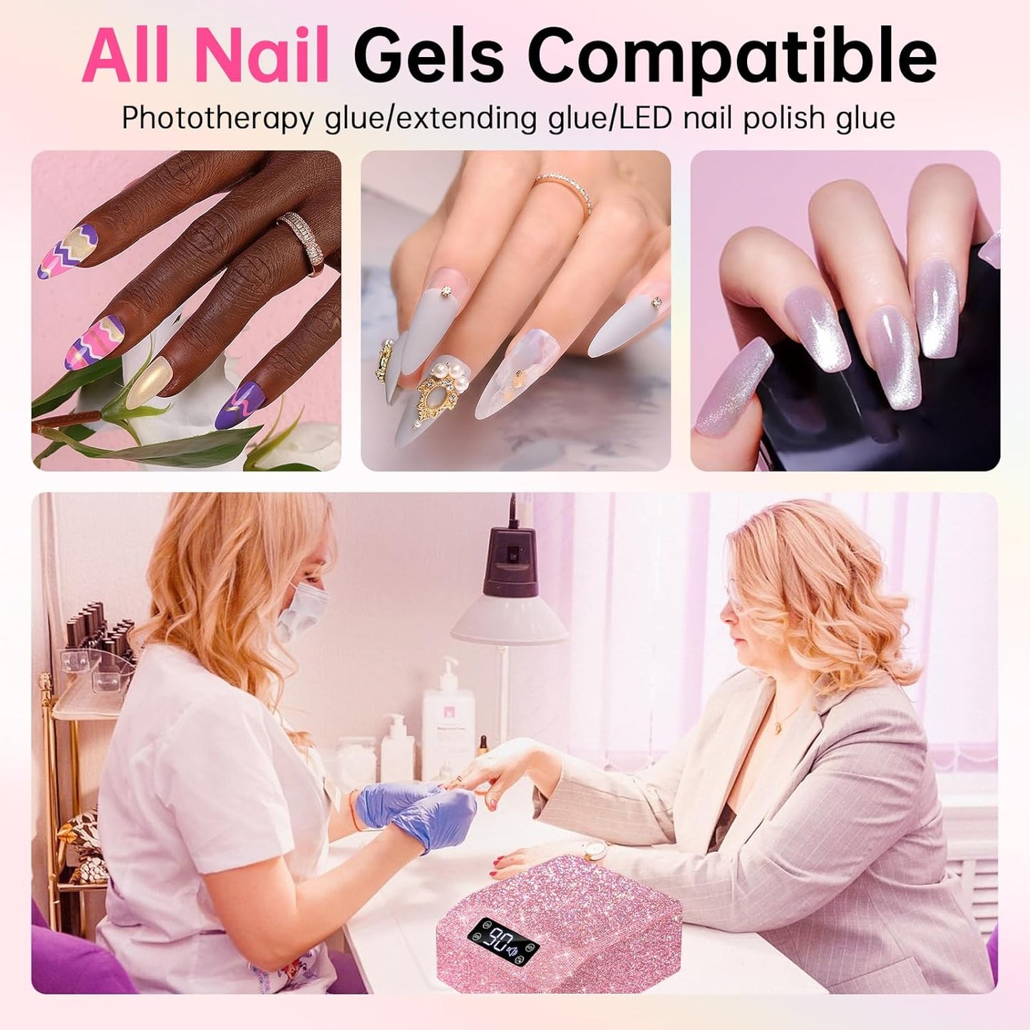 UV LED Nail Lamp 96W Plug-in Nail Dryer Sparkly Gel Polish Light 4 Timer Setting Professional Quick Dry Curing Lamp with Display Auto Sensor for Salon & Home