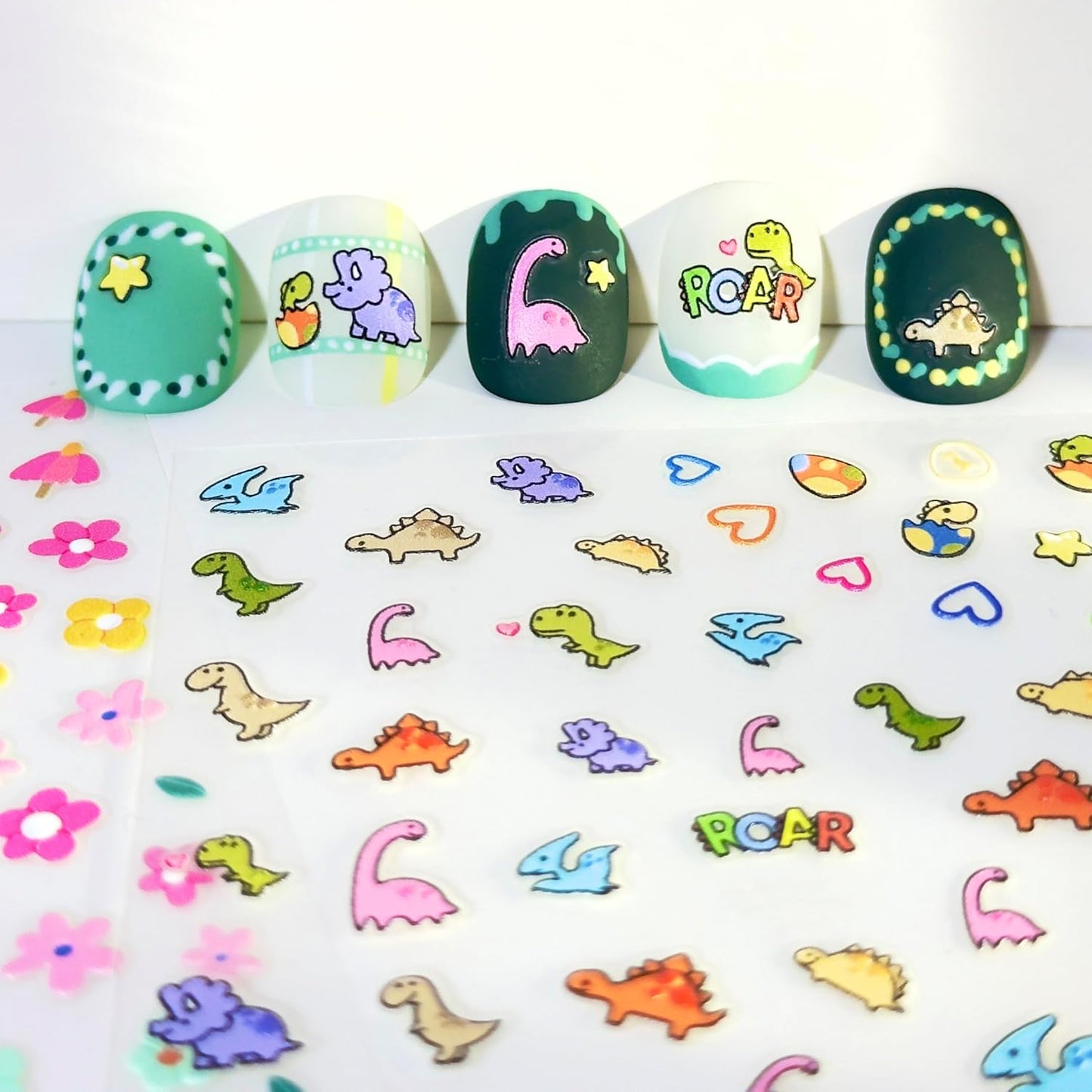 4 Sheets of 3D Nail Stickers - 292 Cute Nail Decals - Embossed Nail Stickers for Kids | Kawaii Theme - Flowers, Hearts, Bunny, Panda, Dinosaurs | Glow in The Dark