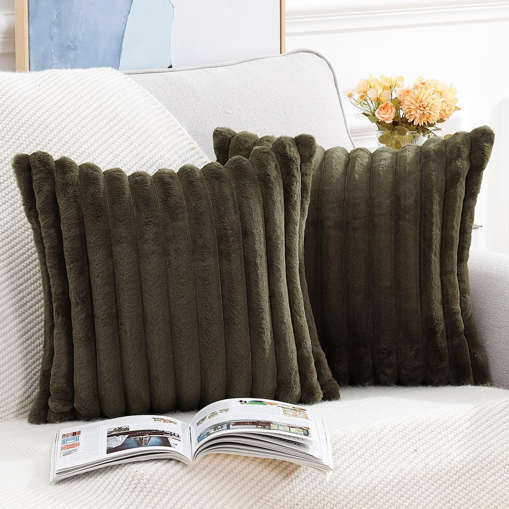 MADIZZ Set of 2 Faux Wool Plush Decorative Throw Pillow Covers 24x24 Inch Drak Brown Fluffy Striped Soft Decorative Cushion Cover for Sofa Bedroom Pillow Shell