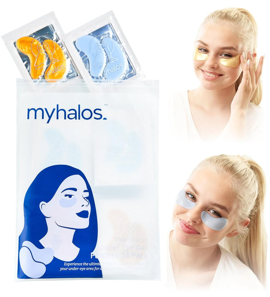 MyHalos Eye Masks for Dark Circles and Puffiness & Eye Patches for Wrinkles Duo- 24 Under Eye Patches for Puffy Eyes, Dark Circles - Eye Mask Skincare Eye Gel Pads - Under Eye Mask Patches Blue, Gold