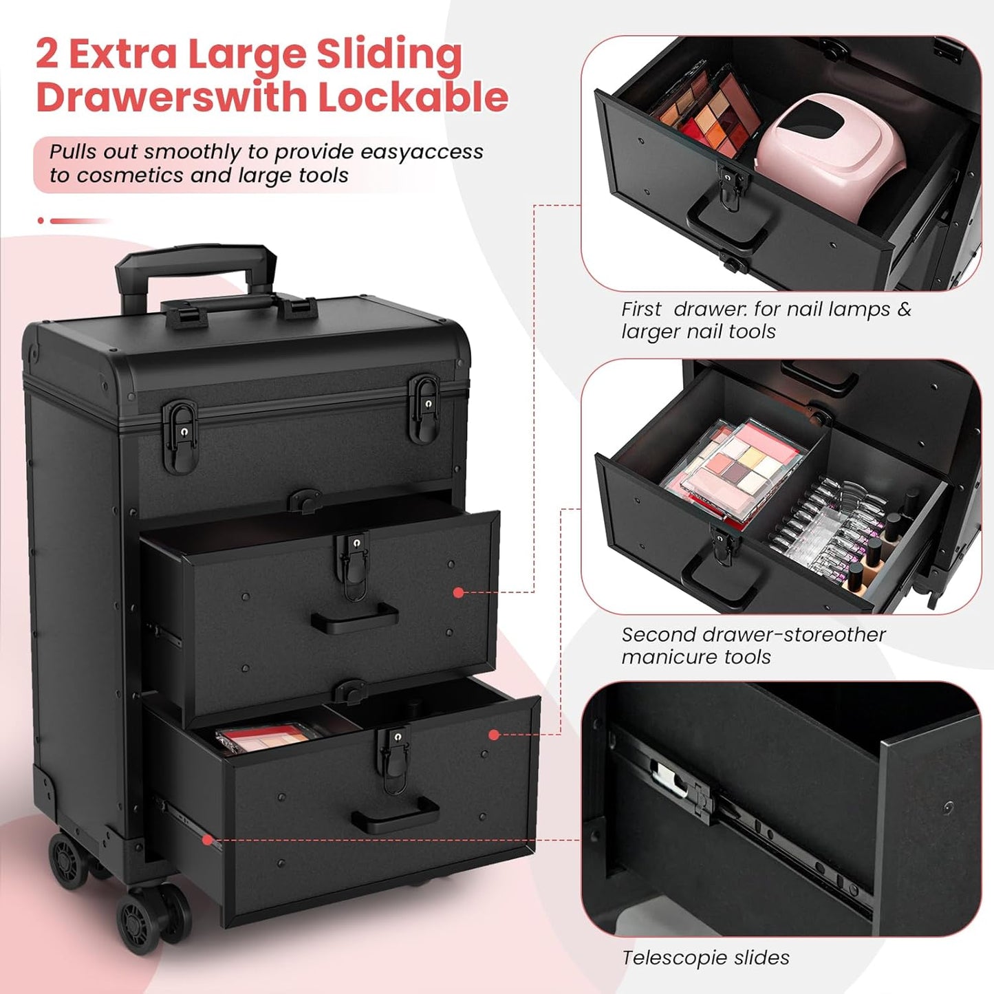 Large Rolling Makeup Train Case, Professional Travel Cosmetology Case on Wheels with Drawers, 3 Tiers Nail Organizers Storage Case for Nail Tech, Tattoo, Hairstylist, Makeup, Large