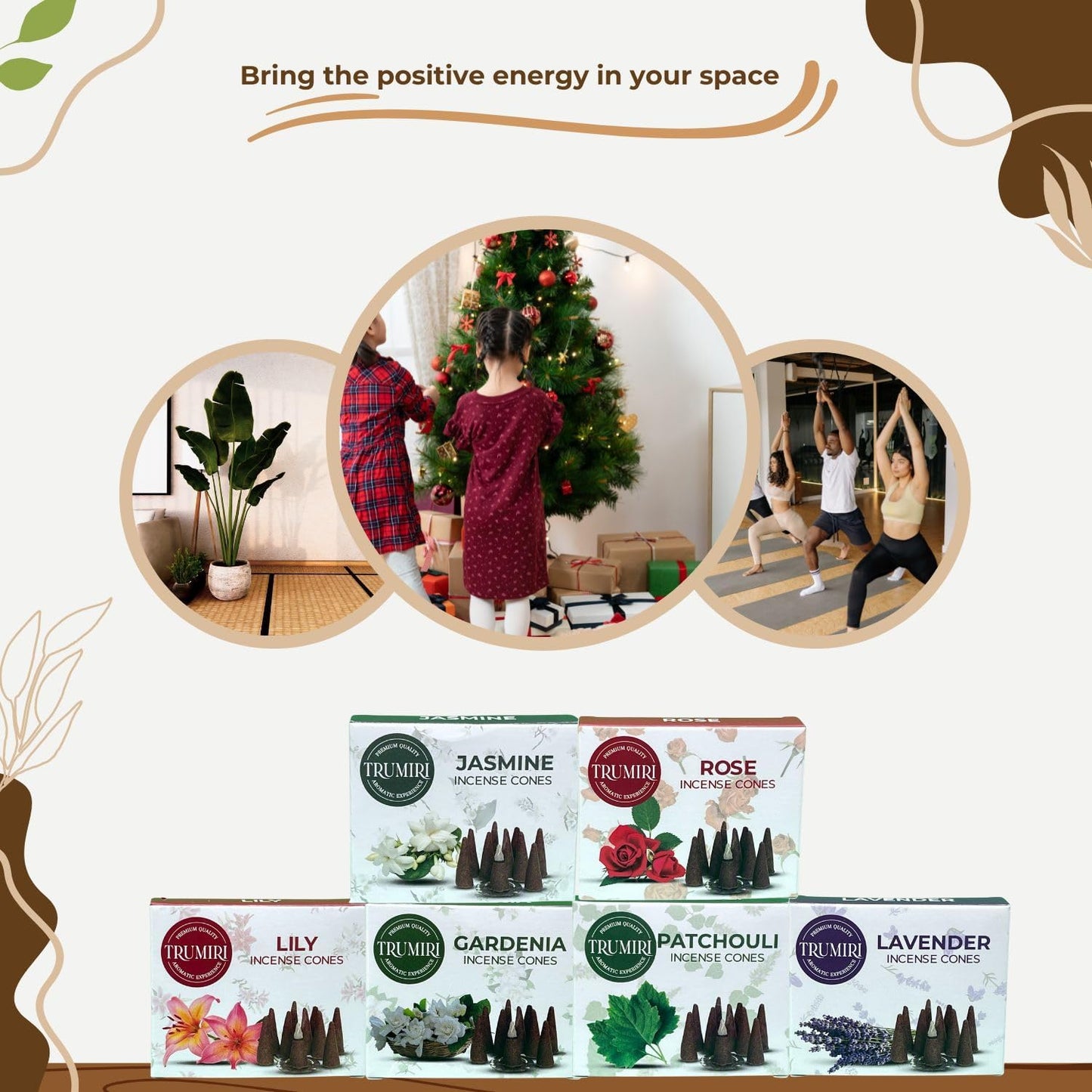 Trumiri Floral Incense Cones - Variety Pack - Total 60 Cone Incense (6 Scents x 10 Conos) - Rose, Lavender, Jasmin, Patchouli, Gardenia, Lily - Cone Incense Scents - Insense Cones - Incent Cone