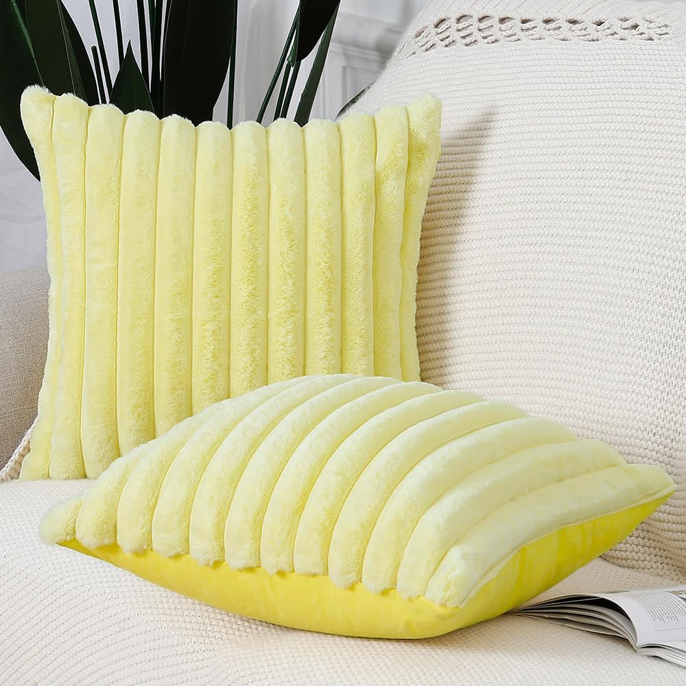 MADIZZ Set of 2 Faux Wool Plush Decorative Throw Pillow Covers 18x18 Inch Yellow Fluffy Striped Soft Decorative Cushion Cover for Sofa Bedroom Pillow Shell