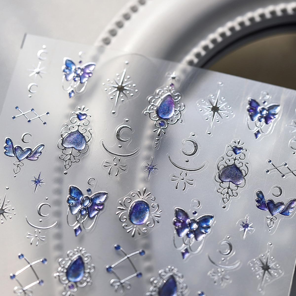 Blue Nail Art Sticker Decals Jelly Nail Stickers 5D Embossed Self Adhesive with Line Design Star Moon Nails Decals Nails Charms for Women Girls Kid Manicure Supply DIY Decoration Accessories