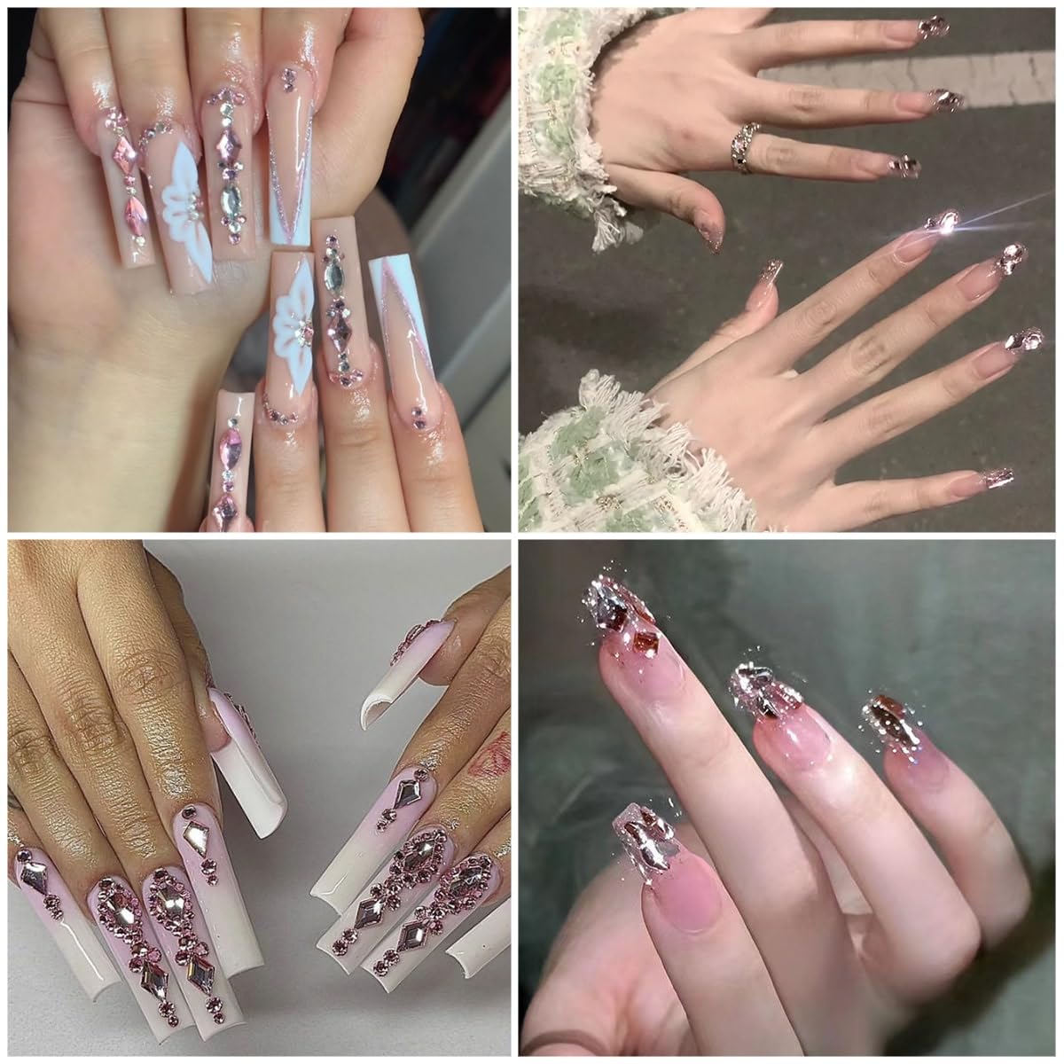 4 Boxes Light Pink Nail Rhinestones and Glitters 24 Shapes K9 Glass Gems Diamonds Flatback Round Stones Crystals Nail Art Charms for Nails Face Eyes Makeup DIY Crafts Tumblers Bottles Clothes
