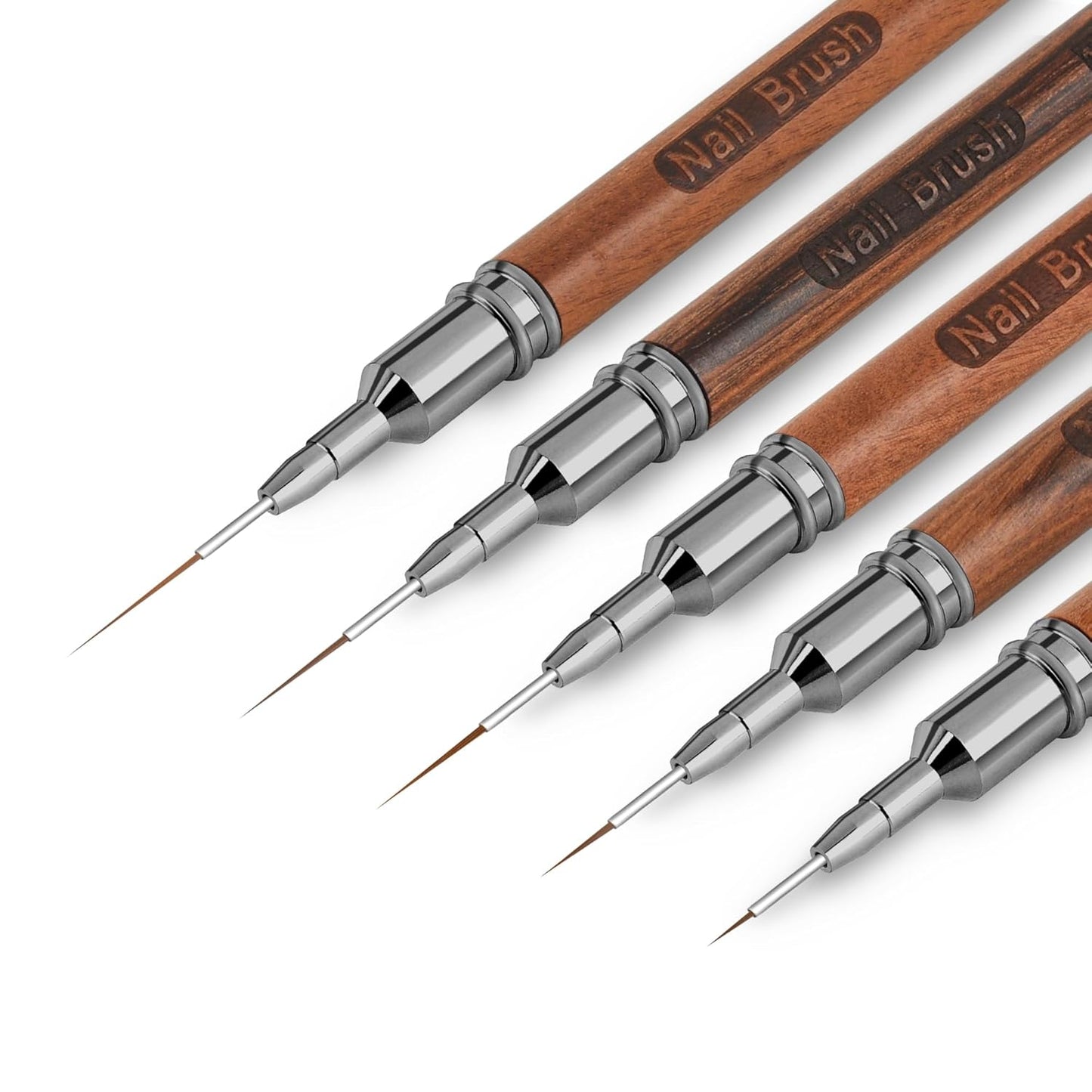 Wooden Nail Art Brushes, 5Pcs Nail Art Liner Brushes, Painting Art Design Brush Set Nail Dotting Drawing Tool for Long Lines, Thin Details, Fine Drawing Sizes 6/9/12/15/18mm, Natural