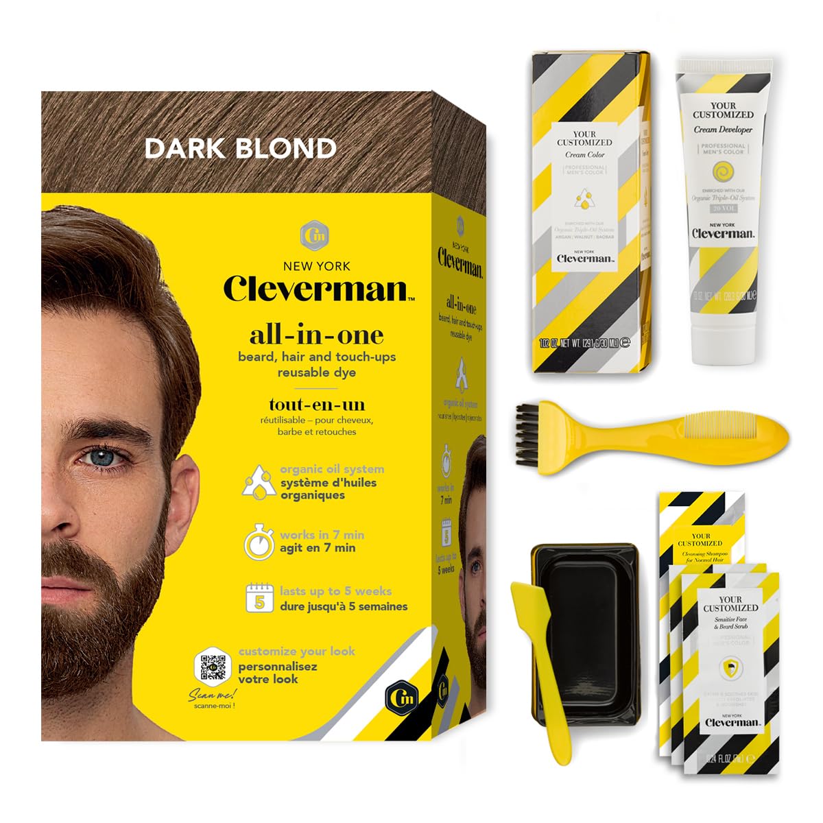 Cleverman Dark Blond Hair & Beard Dye for Men, All-in-One Reusable Kit - Mens Color For Natural-Looking Gray Coverage, Professional-Quality and Ammonia-Free for Hair, Beard & Gray Mustache
