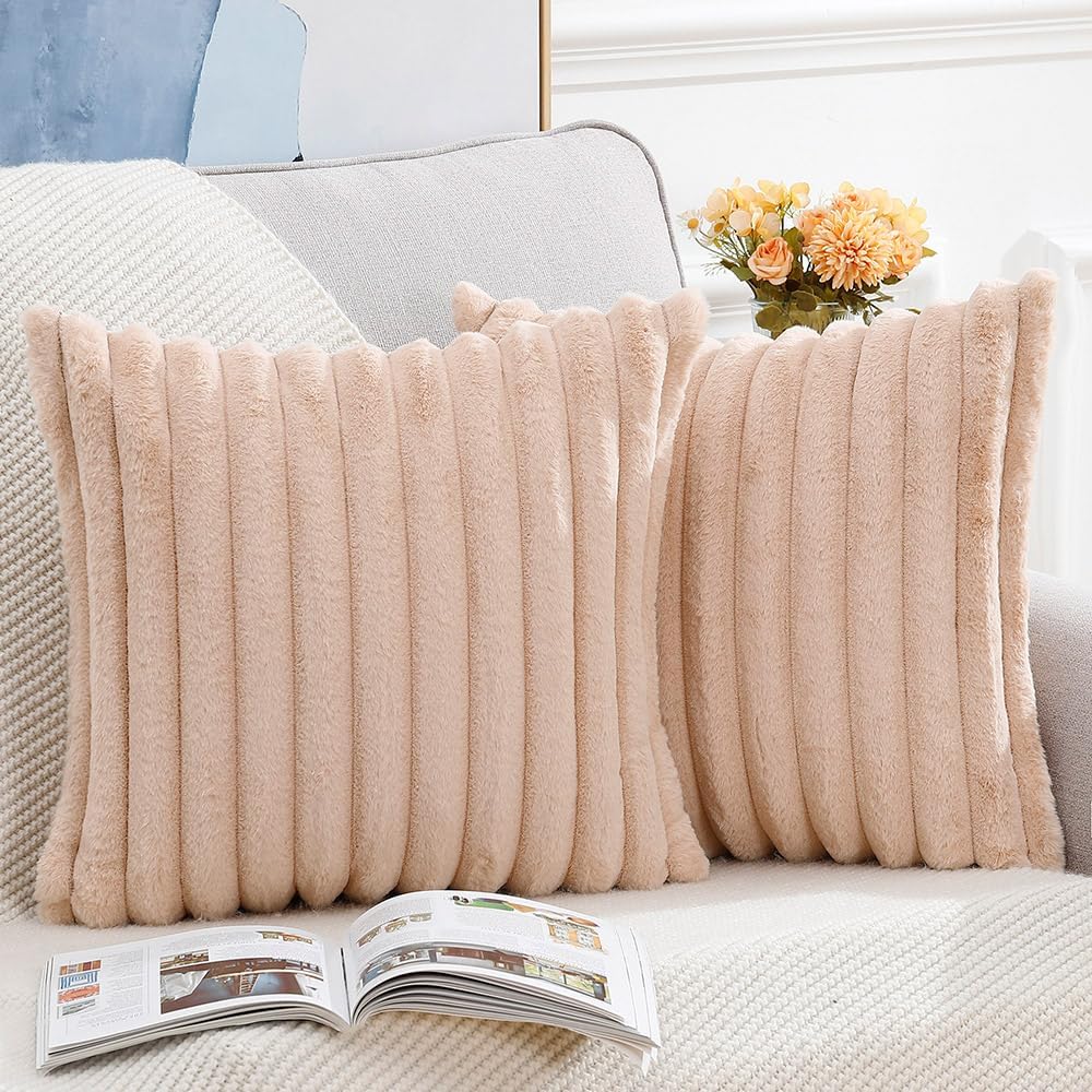 MADIZZ Set of 2 Faux Wool Plush Decorative Throw Pillow Covers 22x22 Inch Light Brown Fluffy Striped Soft Decorative Cushion Cover for Sofa Bedroom Pillow Shell