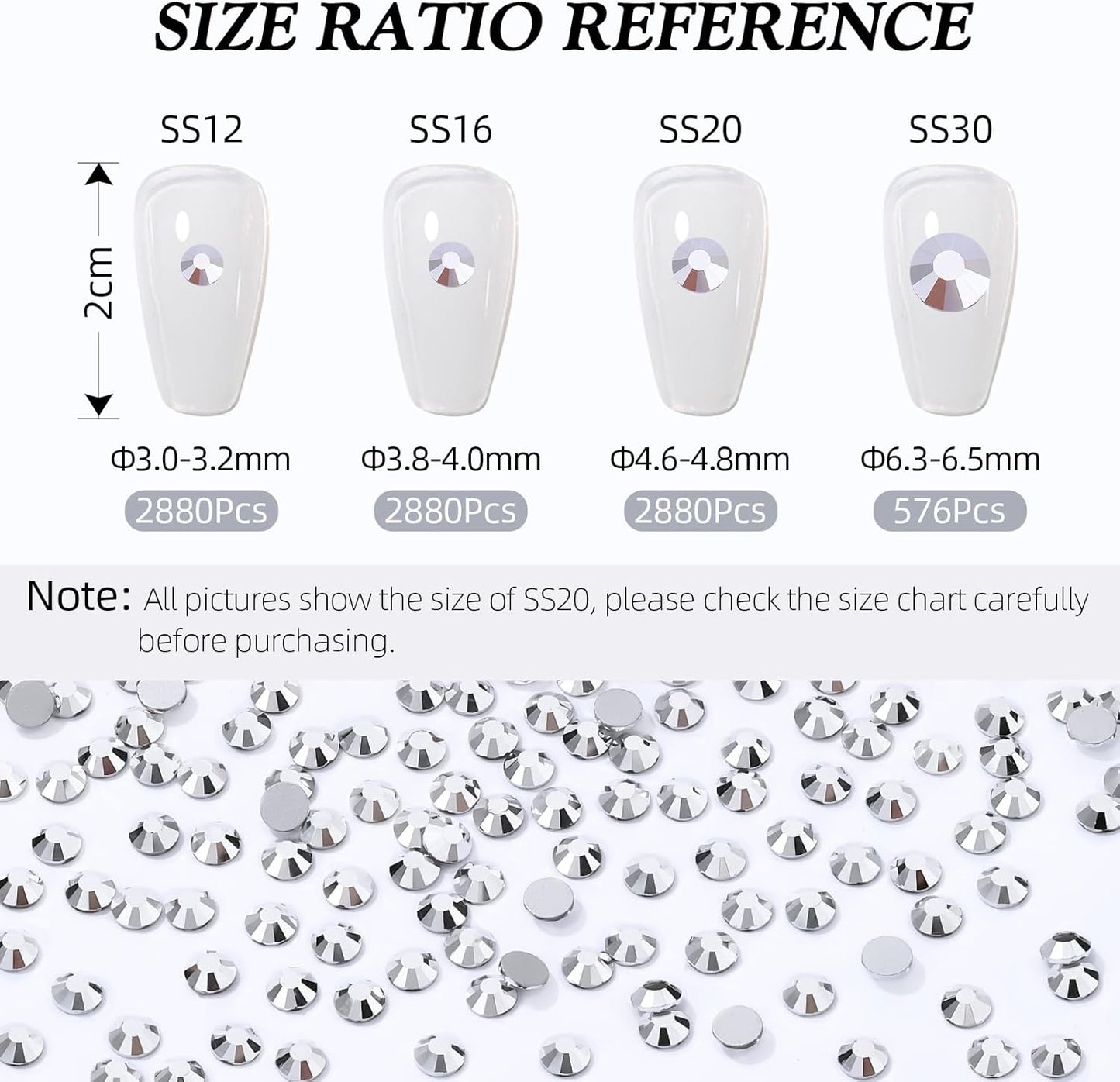 Silver Flatback Rhinestones, Glass Rhinestones for Nail Art and Craft, Glue Fix, Loose Crystal Gemstones(Silver, SS20, 2880pcs, 4.6-4.8mm)