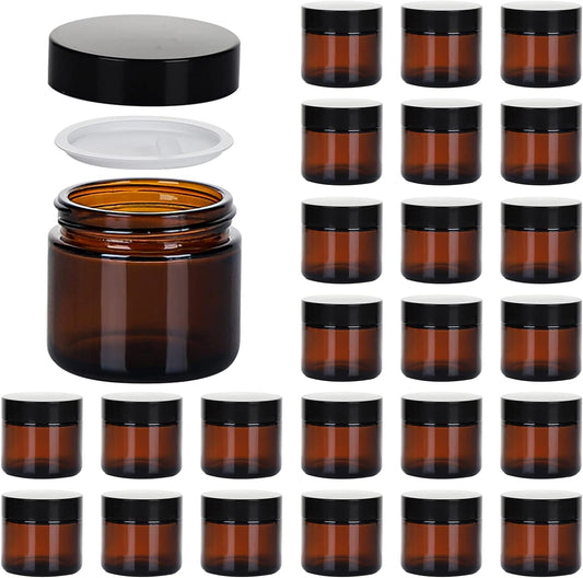 2oz Jars with Lids, Hoa Kinh 24 Pack Amber Glass Jars with Lids Empty Cosmetic Containers Round Airtight Glass Jar with Inner Liners and black Lid for Storing Lotions, Powders, and Ointments