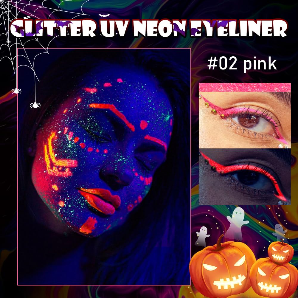 evpct Pink Shimmer Eyeliner UV Neon Gel Eyeliner Pencil Makeup, Rainbow Halloween Colored Colorful Gel Eye Liner Pen Glow in Dark Makeup, Long Lasting Waterproof Eyeliners for Face Body Painting