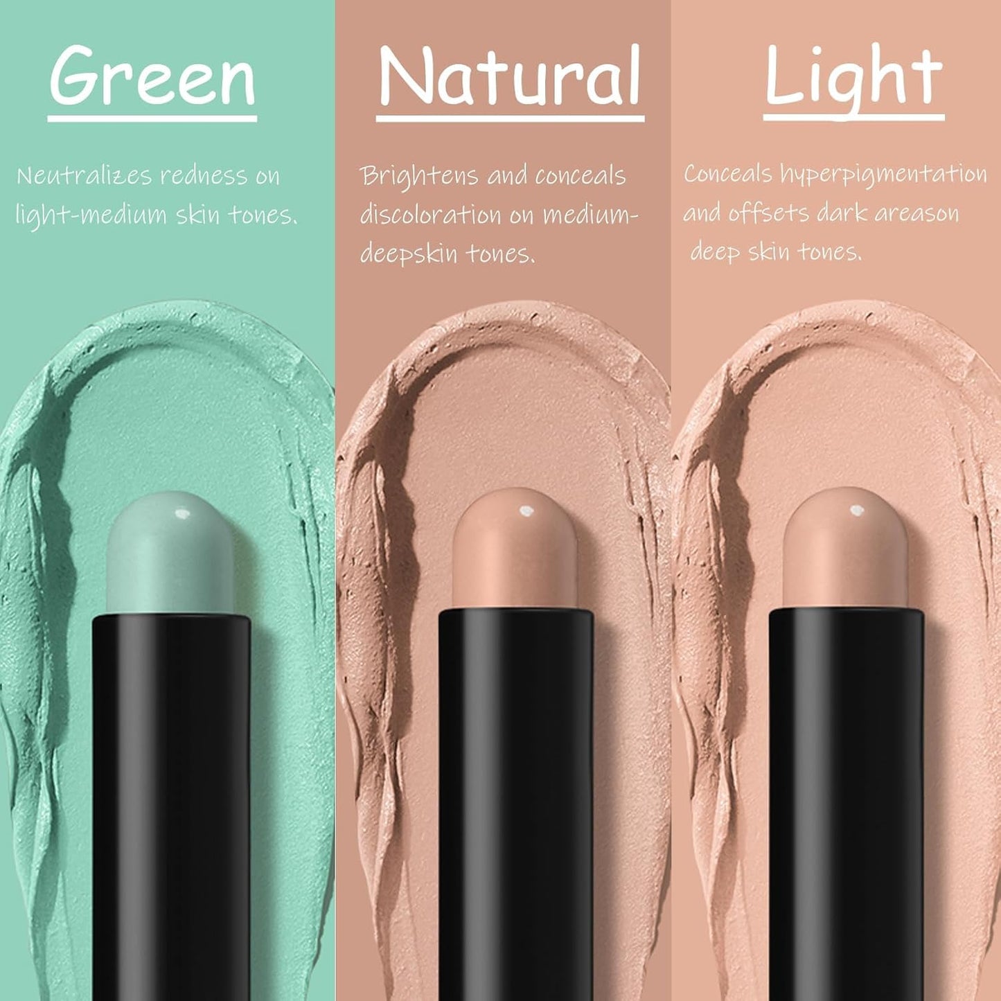 DAGEDA 3 Colors Color Corrector Stick, Cream Concealer Natural lightweight Coverage Cover Stick, Camouflage Redness, Correct Dark Spots and Brighten Correcting Concealer (Green, Natural, Light)