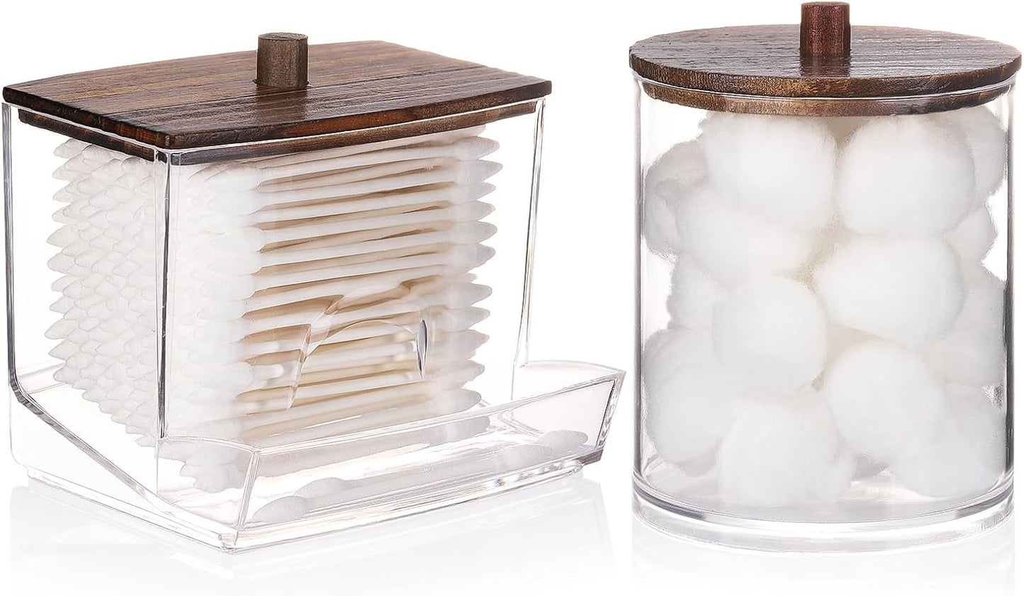 Tbestmax Qtips Dispenser, 10/12 oz Big Cotton Ball Holder Bathroom Container, Plastic Apothecary Jar Organizer for Storage Swab, Round Pads, Floss Picks - Wood Lids