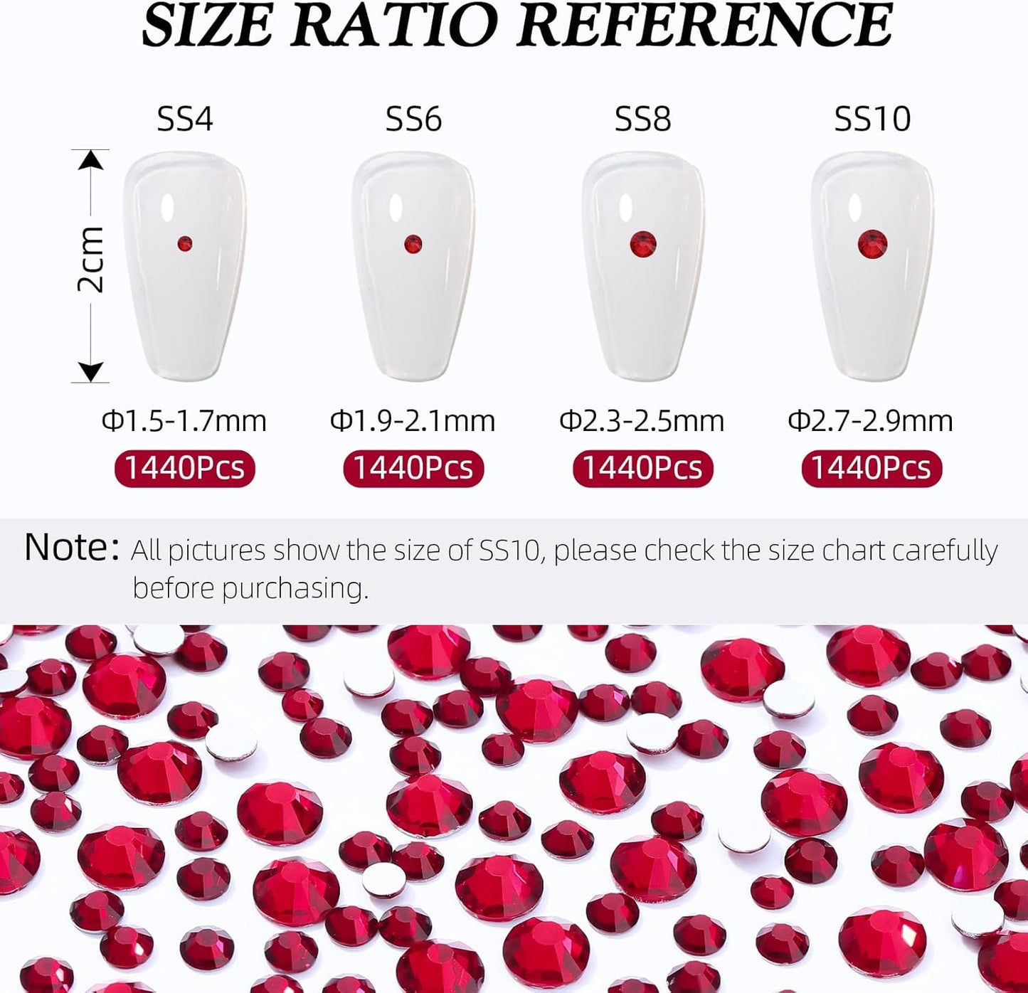 Siam Flatback Rhinestones, Glass Rhinestones for Nail Art and Craft, Glue Fix, Loose Crystal Gemstones(Siam, SS8, 1440pcs, 2.3-2.5mm)