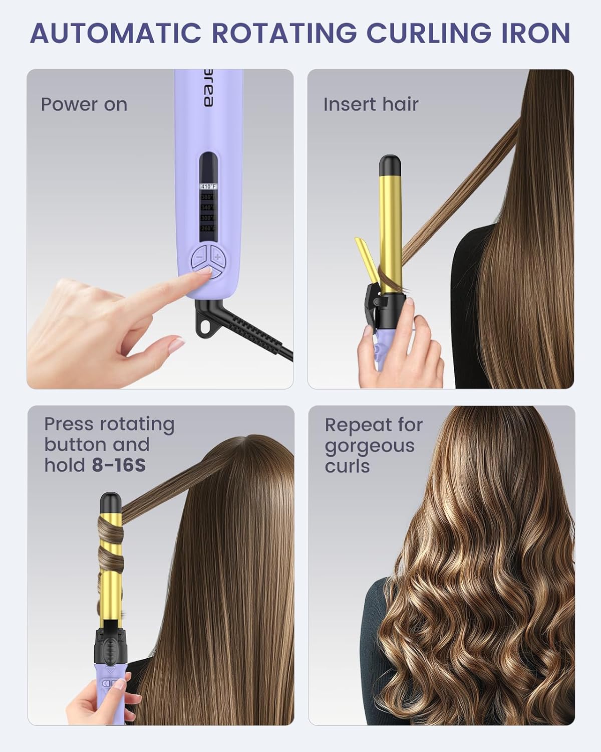 Ceramic Rotating Curling Iron, 3 in1 Self-Rotating Curler with Interchangeable Barrels (0.75" 1" 1.25") for Multiple Hairstyles, Fast Heat-Up Auto Curling Wand, Dual Voltage, Adjustable Temp