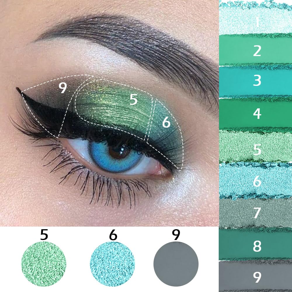 9 Colors Green Smoky Matte Shimmer Eyeshadow Palette with Mirror for Eye Makeup,High Pigmented Eye Shadow Primers Powder Palet de sombras de ojos