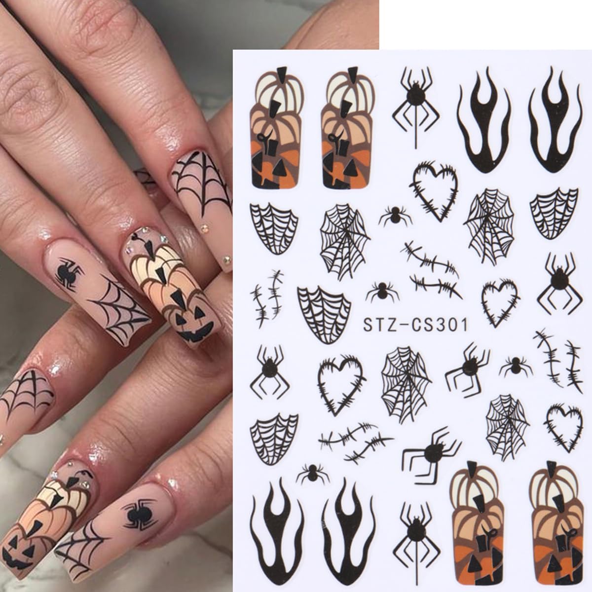 6 Sheets Halloween Nail Stickers 3D Self Adhesive Gothic Spooky Spider Web Stitch Spider Nail Design Supply Halloween Nail Art Stickers Supply Pumpkin Ghost Nail Decals for Women DIY Manicure Tips