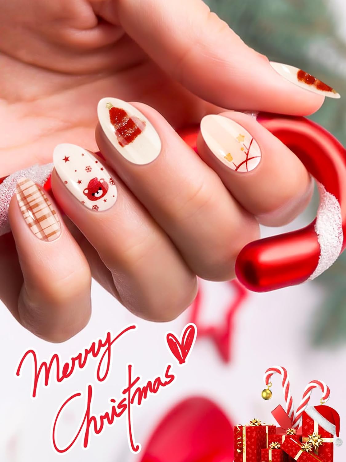 EBANKU 24PCS Christmas Semi-Cured Gel Nail Strips, Bear Snowflakes Adhesive Art Sticker, Waterproof Gel Nails Wrap Stickers with Nail File and Stick