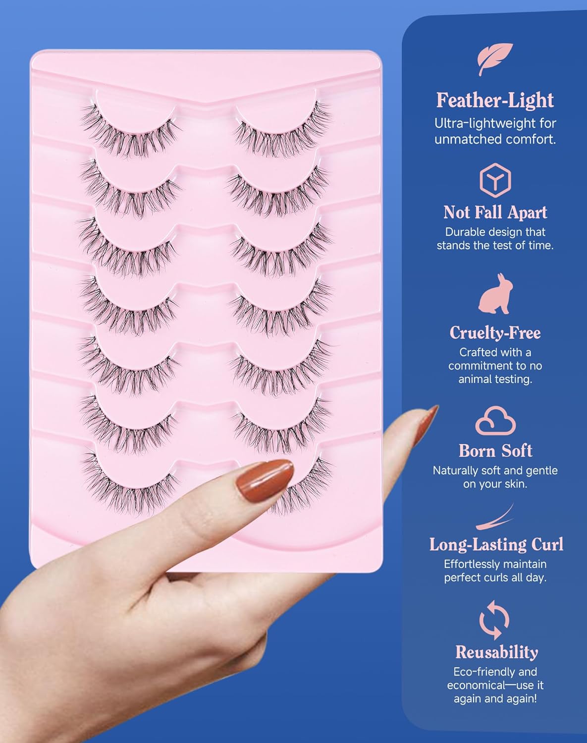 Short Lashes Natural Look Everyday Wispy False Eyelashes Clear Band Strip Eyelash Soft Lashes Fluffy Pack 7 Pairs SF-01
