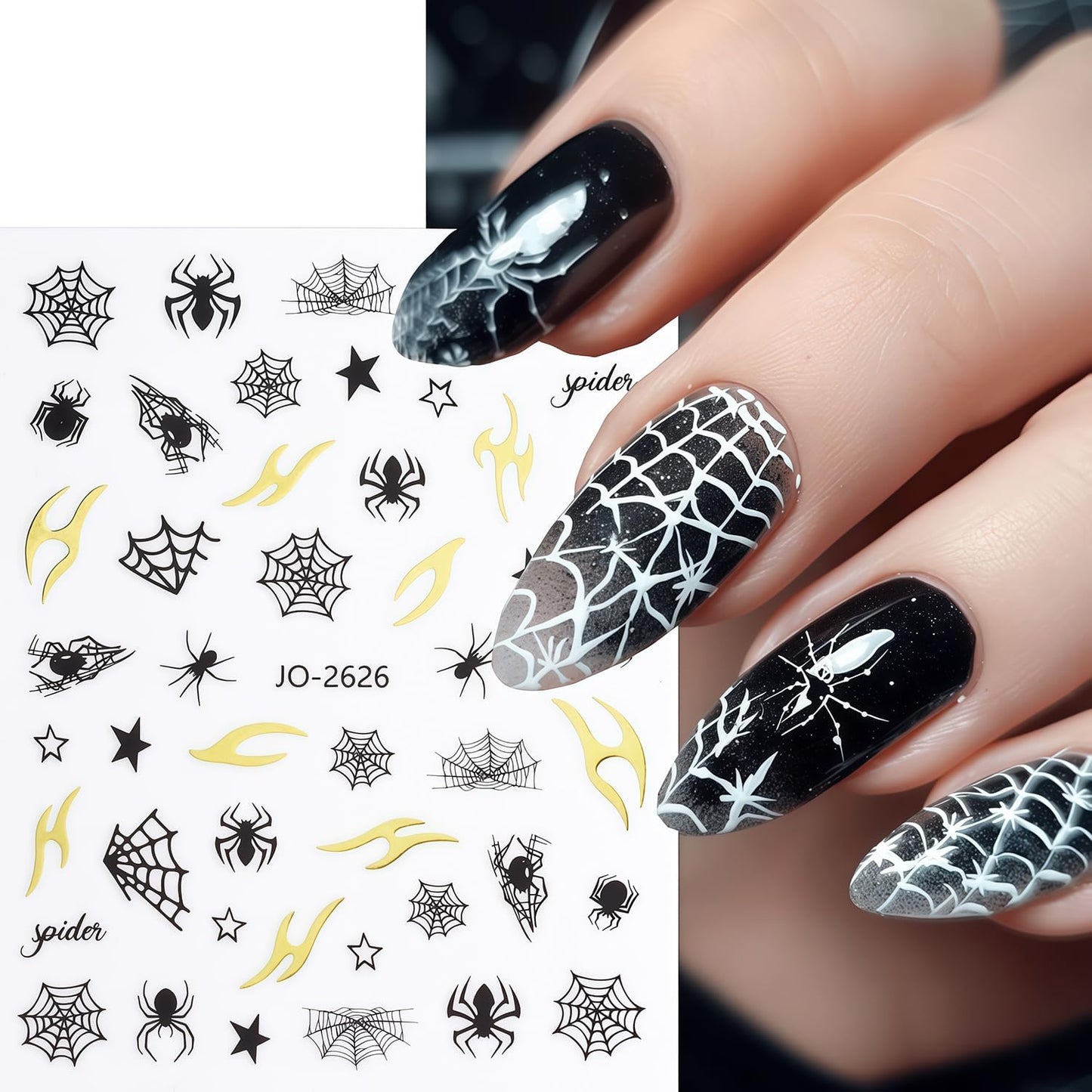 Spider Nail Art Stickers 3D Self-Adhesive Black White Red Silver Spiders Spider Web Star Nail Design Decals Halloween Nail Stickers DIY Holiday Manicure Decoration for Salon Acrylic Manicure 6 Sheets