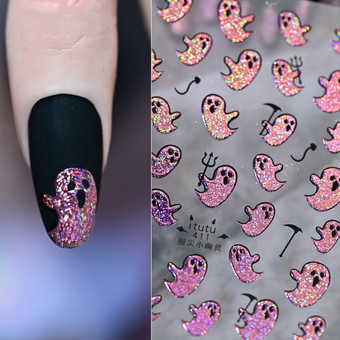 Halloween Nail Stickers for Nail Art Colorful Glitter Pink Cute Ghost Nail Art Stickers 5D Embossed Nail Decals 3D Self-Adhesive Nails Supply Manicure Sliders for Nails Decoration