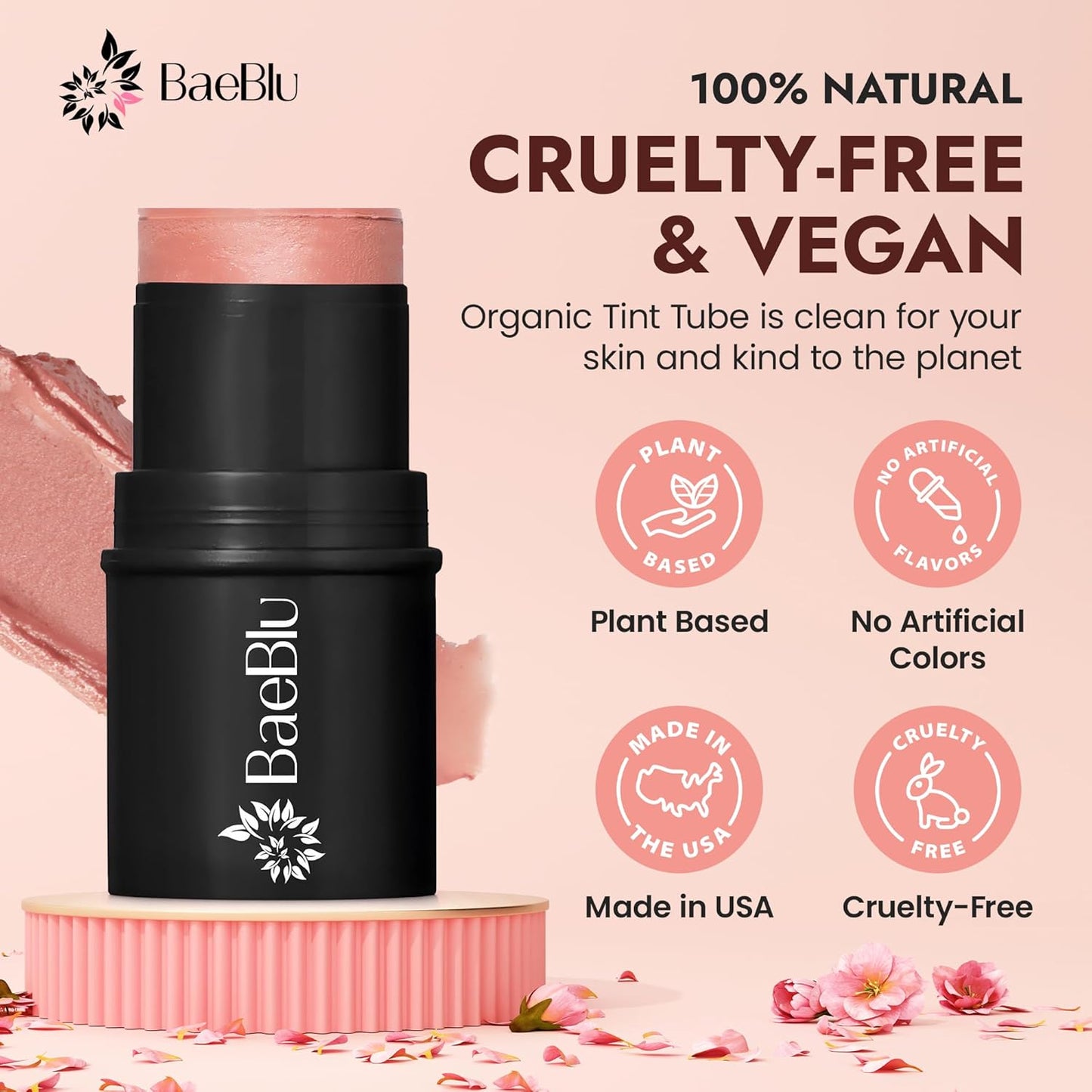 Organic Blush Tube, Rose - 100% Natural Vegan Cream Blush Sticks, Multi-Use Bronzer, & Highlighter for Lips, Cheeks & Eyes, Buildable Shimmer, Gluten-Free, Paraben-Free, Made in USA