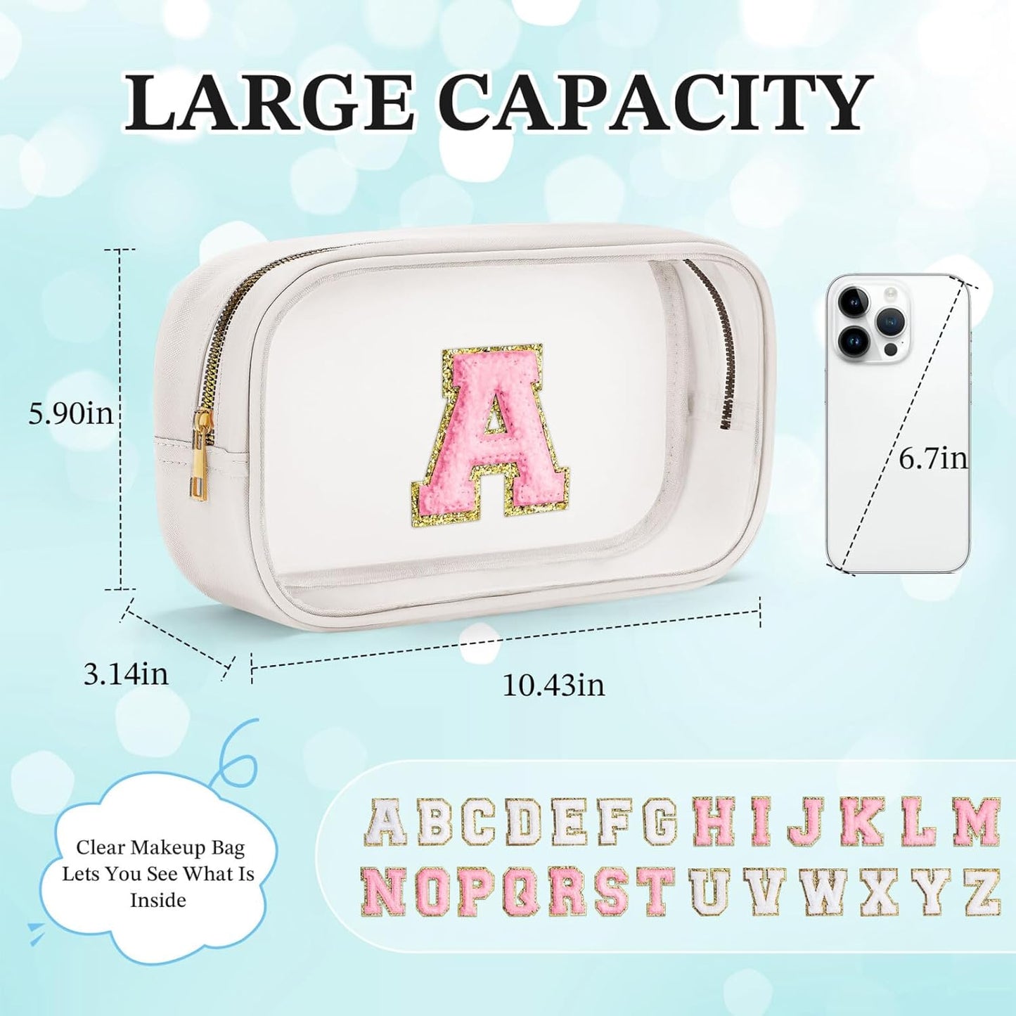 YOOLIFE Initial Make Up Bag Travel Toiletry Bag, Clear Makeup Bag Preppy Cosmetic Bags Organizer Travel Essentials Gifts for Women Teen Girlfriend Teacher Mom Brithday Mothers Day Gifts, Large, White