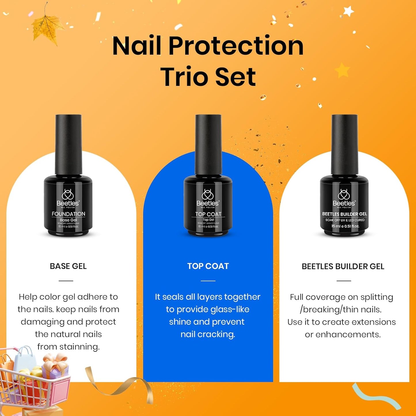 Beetles 3Pcs 15ml Builder Nail Gel with No Wipe Top Coat Gel Nail Polish and Base Coat Halloween Set for Nails Shine Finish and Long Lasting Nail Protection UV/LED Lamp Needed Gift for Women