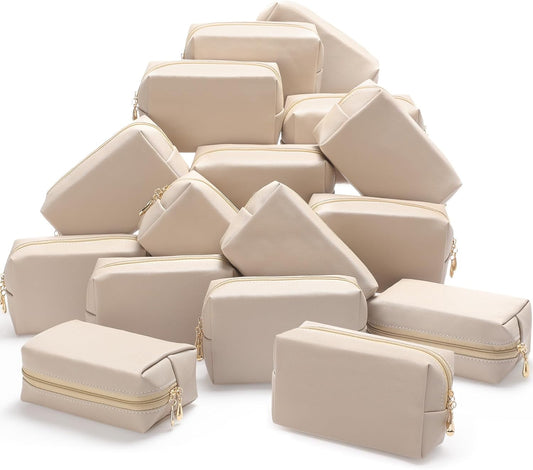 Kigeli 15 Pcs Aesthetic Makeup Bags PU Leather Cosmetic Pouches Waterproof Plain Toiletry Bags Makeup Pouches Bulk for Women Party Gift Travel Storage Organizer (Apricot Color)
