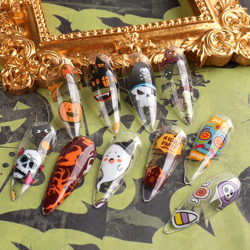 Halloween Series Transfer Stickers Kawaii Nail Art Foils Tattoo Decals - Pumpkin, Ghost, Sugar Skull, Haunted House, Spider Web, Candy Wrap Design - Manicure Tips Decorations Supplies