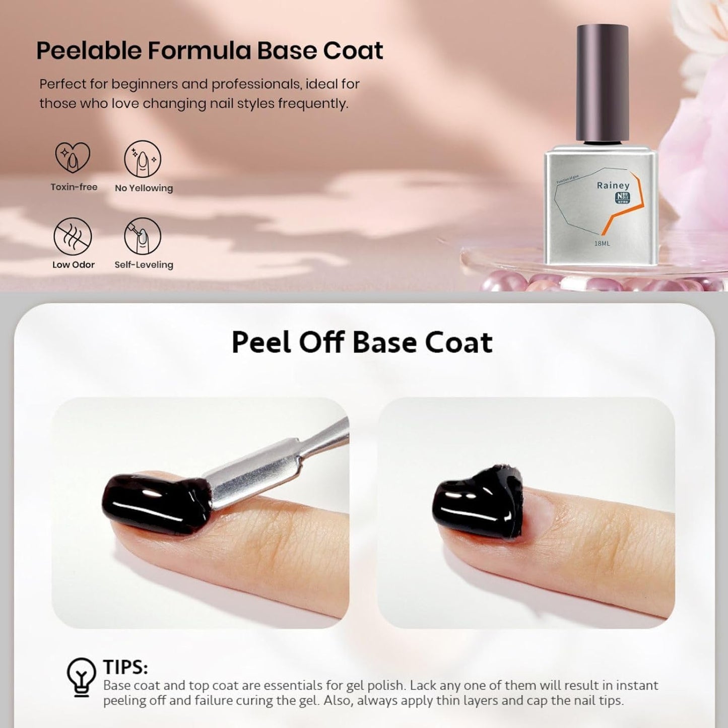 Peel Off Gel Base Coat - Peel Off Base Coat - Peel Off Base Coat Gel Clear Foundation for Use - Peel Off Nail Polish Base Coat No Required UV/LED