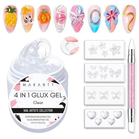 Makartt 3D Gel Nail Art: 4 in 1 Solid Gel Builder Kit for 15ML Nail Extension Gels, 4pcs Silicone Molds, 1 Sculpting Brush, UV Glue for Acrylic Nails Rhinestones Gels Molding Manicure Hard Gel Kit