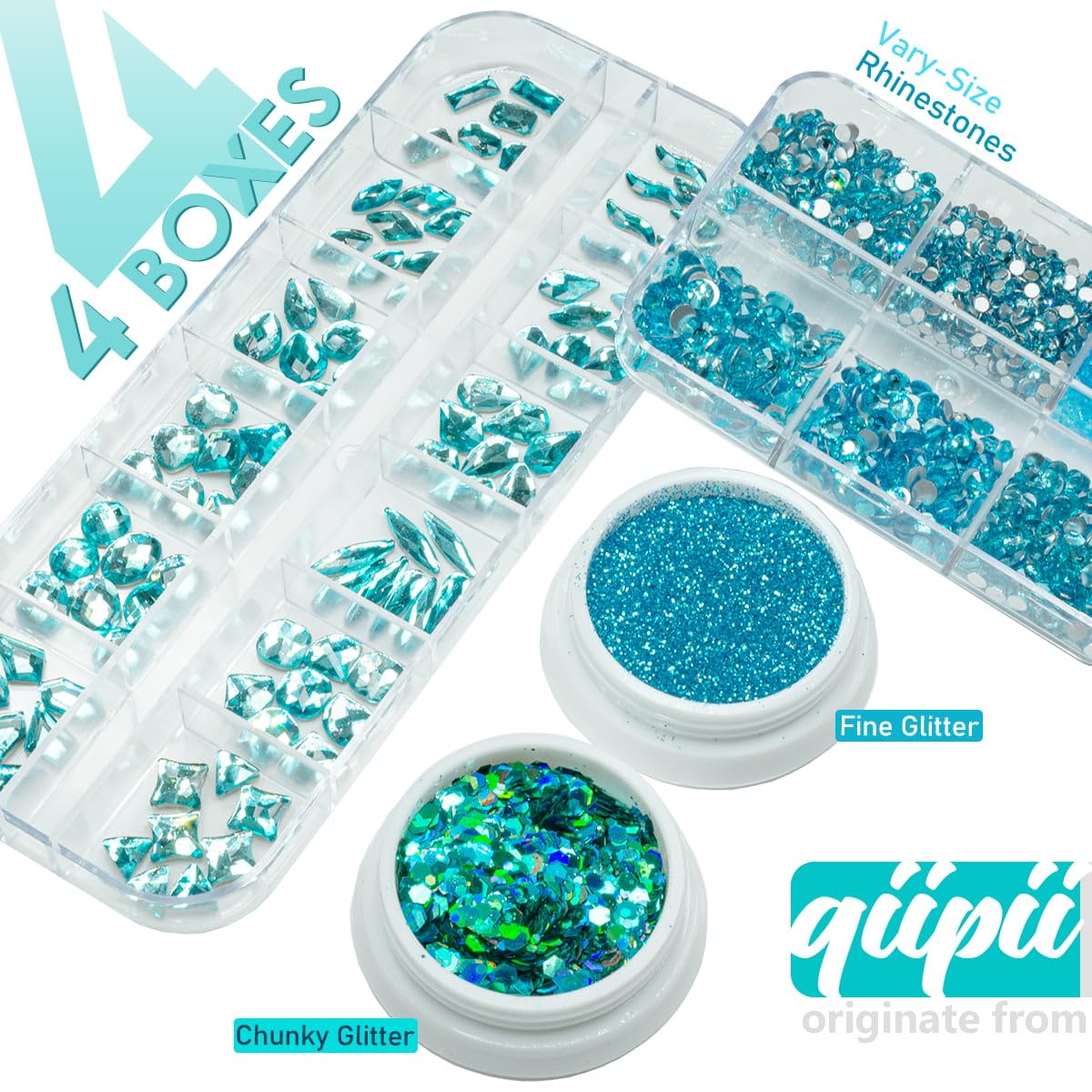 4 Boxes Aquamarine Nail Rhinestones Glitters 24 Shapes K9 Glass Lake Blue Gems Flatback Round Stones Diamonds Crystals Water Blue Nail Art Charms for Nails Face Eyes Makeup Crafts Tumblers