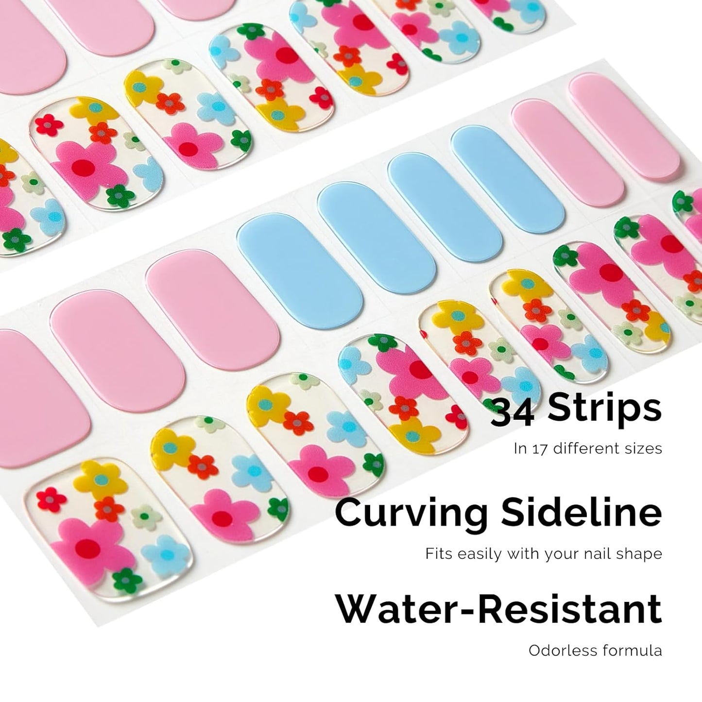Semi Cured Gel Nail Strips - NAILOG 34 Pcs Floral Gel Nail Stickers Clear Extra Long Nail Wraps with Glossy Gel Finishing for Spring Summer, Petal Dance