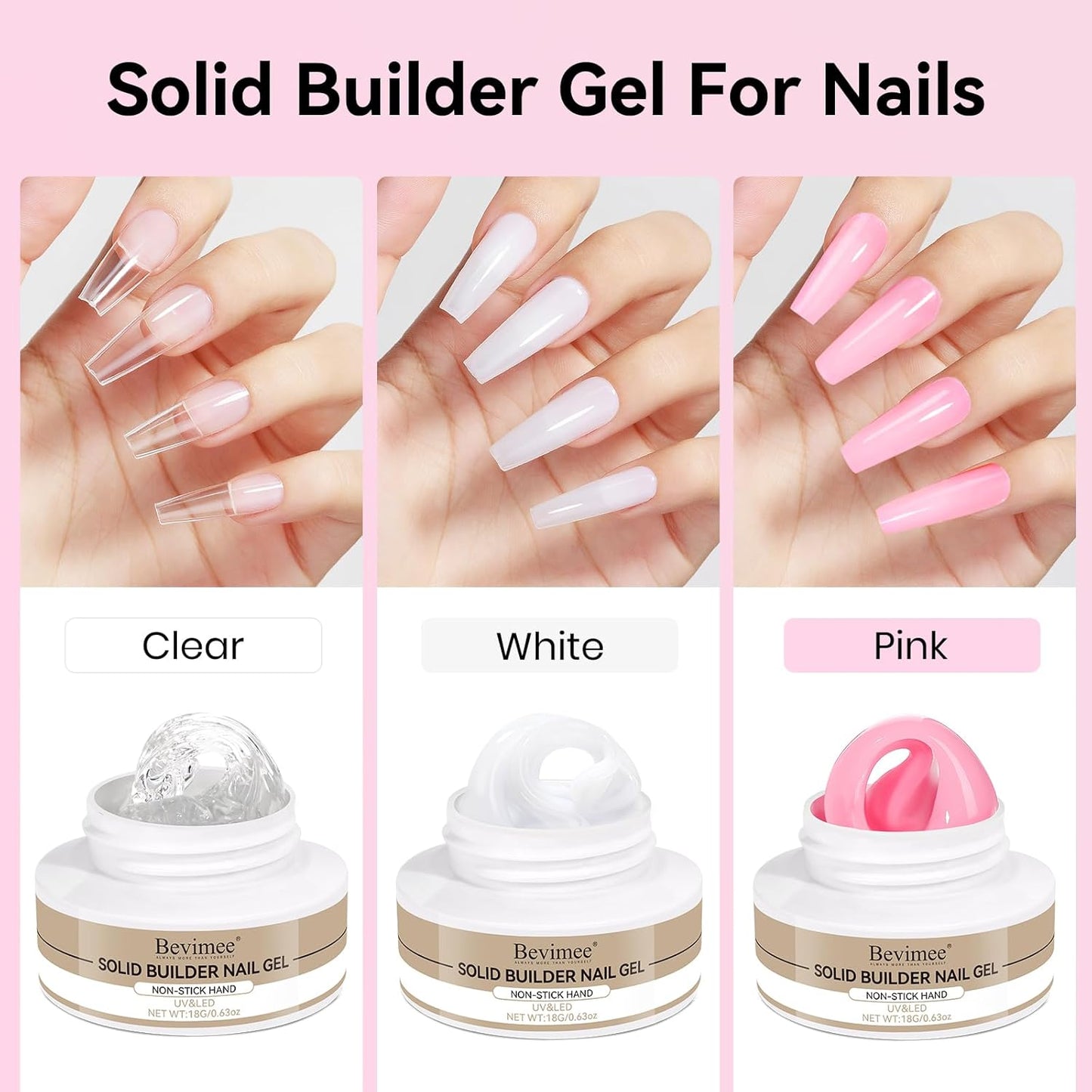 Solid Builder Gel for Nails 3PCS, Clear White Pink 3D Sculpting Hard Gel for Nail Art Non-Stick Hand, for Modeling, Sculpture, Nail Extension UV/Led Manicure DIY At Home 18g*3Colors