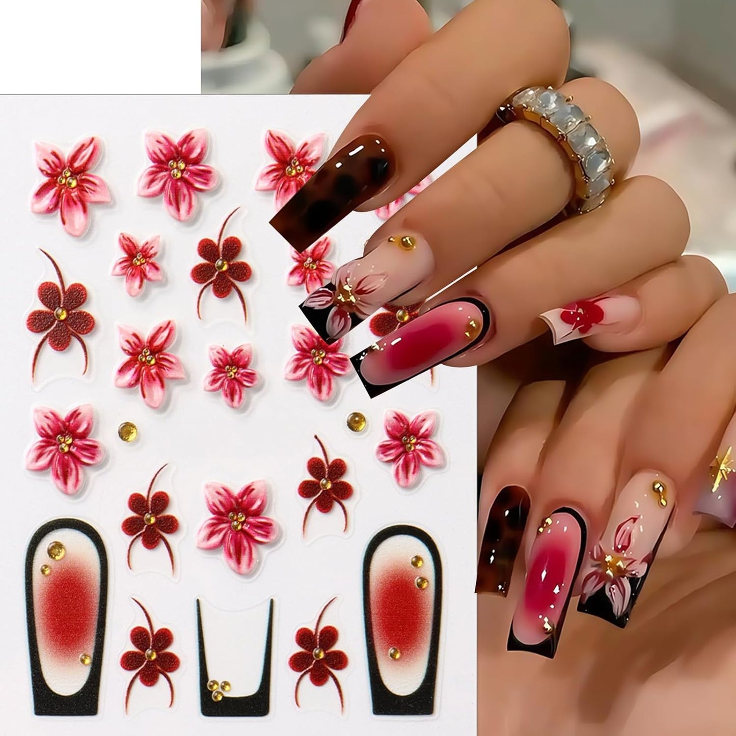 3Sheets 5D Embossed Flowers Nail Art Stickers Self-Adhesive Pink Red Flower Nail Decals Floral French Tips Nail Design Spring Summer Lily Hibiscus Nail Art Supplies for Women Manicure Decorations