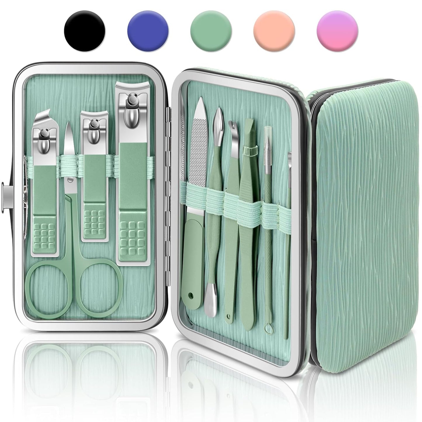 BLESWIN 10-Piece Nail Care Kit, Professional Manicure Set with Green Leather Case, Ideal for Women & Men