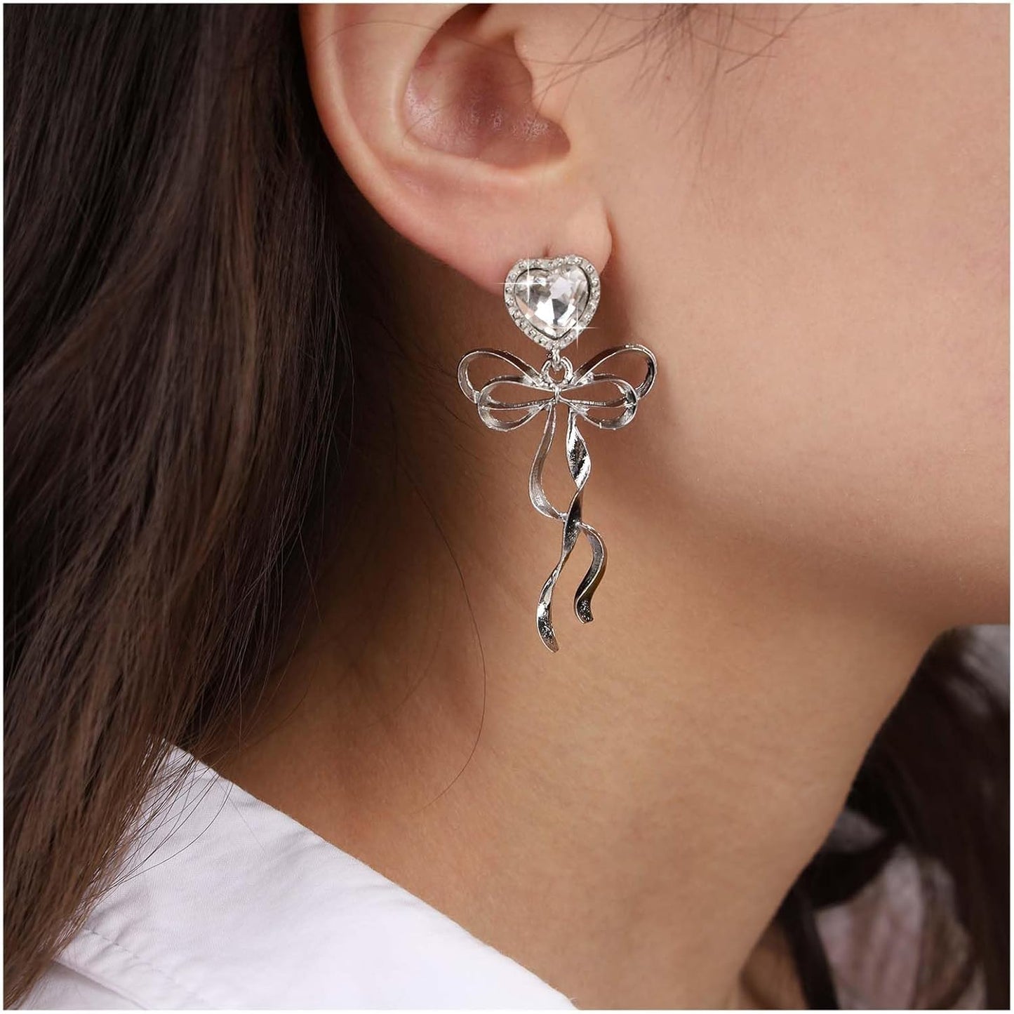 Vintage Crystal Bow Dangle Earrings Rhinestone Heart Stud Earrings Silver Cz Heart Love Earrings Large Bowknot Earrings Jewelry for Women