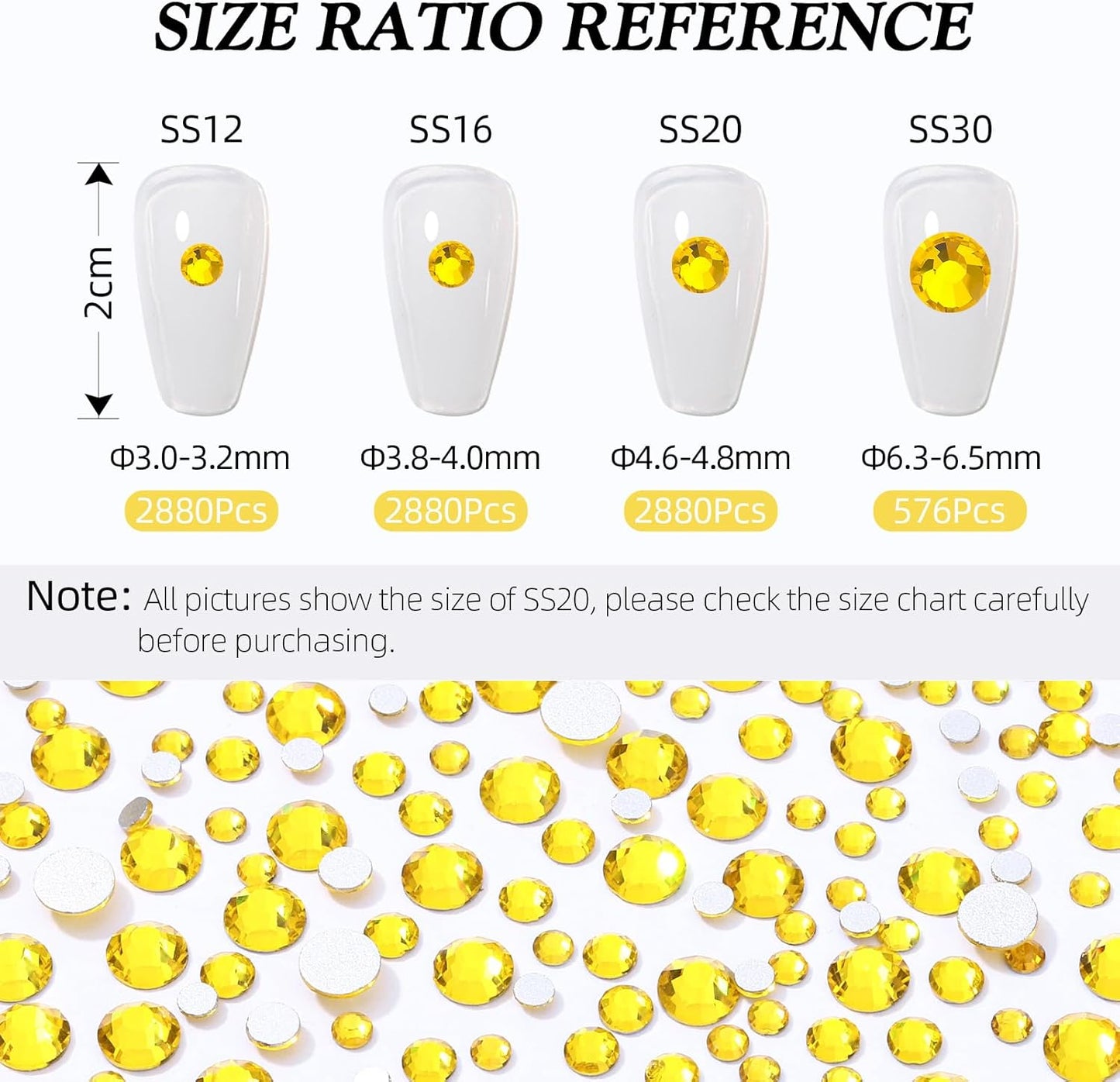 Yellow Flatback Rhinestones, Glass Rhinestones for Nail Art and Craft, Glue Fix, Loose Crystal Gemstones(Yellow, SS30, 576pcs, 6.4-6.6mm)