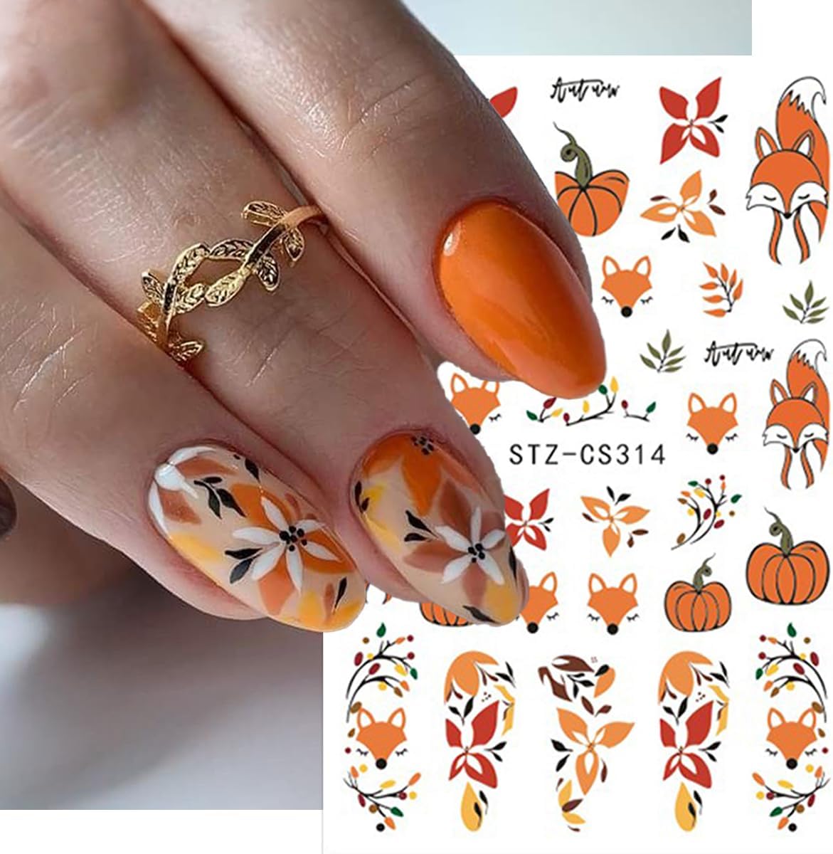 8Sheets Thanksgiving Nail Stickers Autumn Nail Art Stickers Maple Leaves Nail Decals Red Orange Leaf Fox Pumpkin Nut Flower Design 3D Self Adhesive Stickers for Nail Women Decor Manicure Supplies