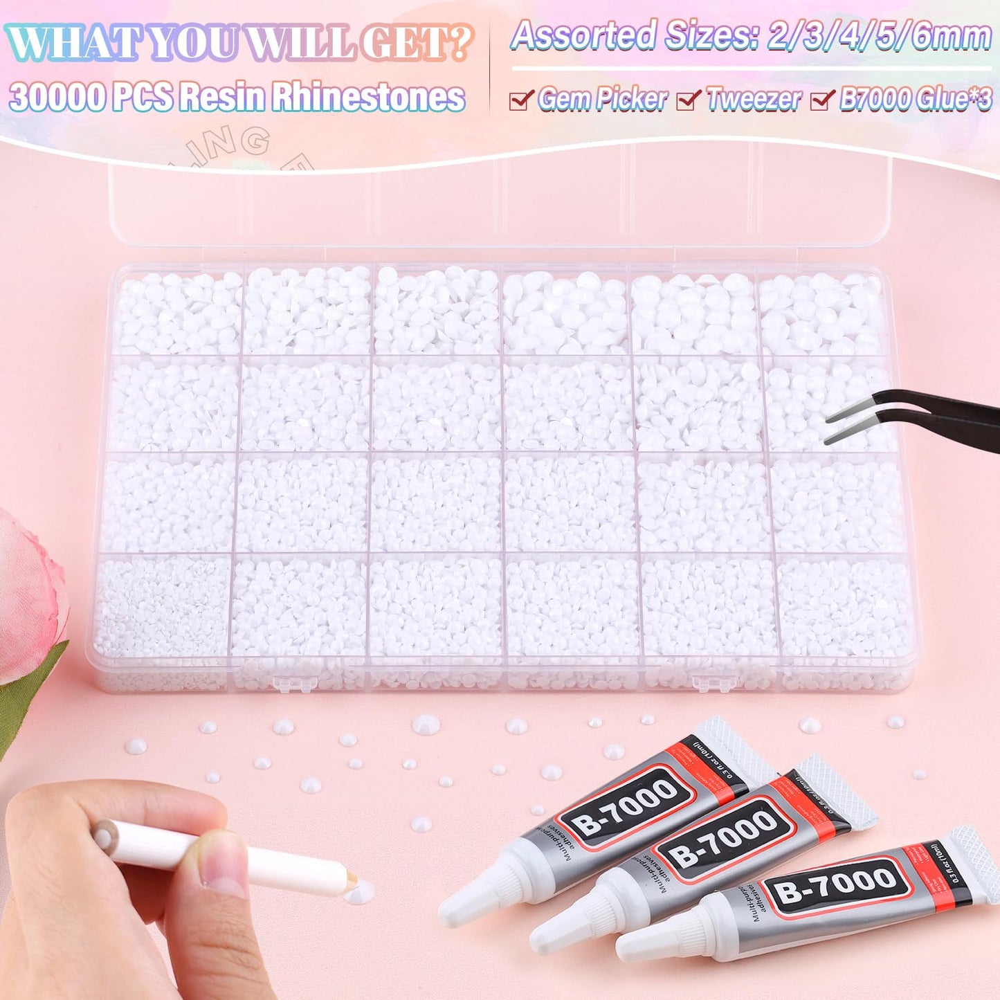 30000Pcs Resin White Rhinestones for Bedazzling Crafting with b7000 Jewelry Glue, Bulk Flatback Gems Bedazzler Kit for Crafts Clothes Shoes Fabric Nail Diamond Art, Assorted Size 2/3/4/5/6mm